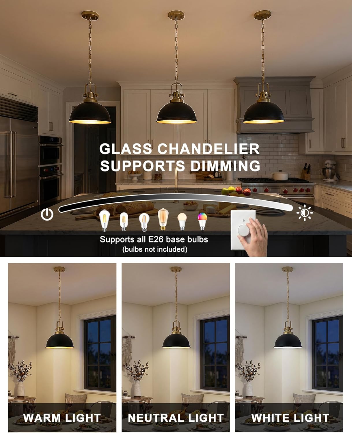 2-Pack Black Gold Pendant Lights Kitchen Island, Modern Dome Pendant Lights Matte Black Dome Hanging Light Fixture for Kitchen Dining Room Foyer Entrance Restaurant Hallway