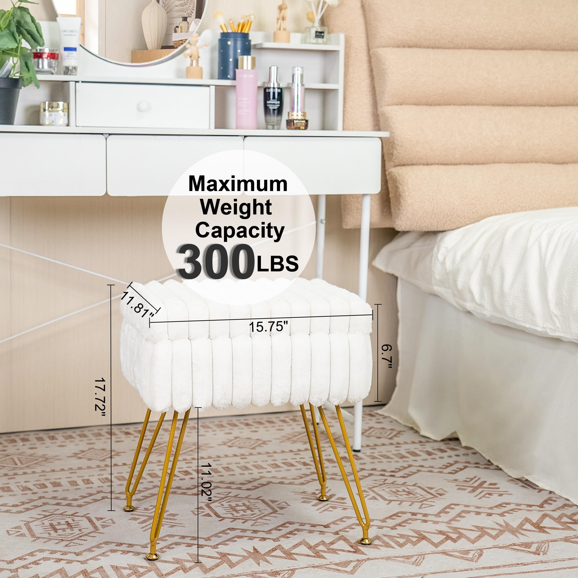 Taburete de tocador de piel sintética blanca con otomana de almacenamiento, silla de tocador para sala de maquillaje, taburetes de tocador para dormitorio, reposapiés con patas de metal y 6