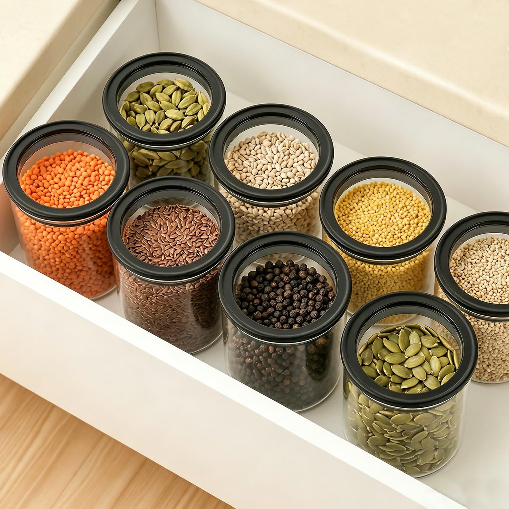 Set di 6 barattoli con coperchio, ermetici, 600 ml, con coperchio in vetro trasparente, con etichette e penna, impilabili, rotondi, per caffè, noci, zucchero, snack e cassetti da cucina