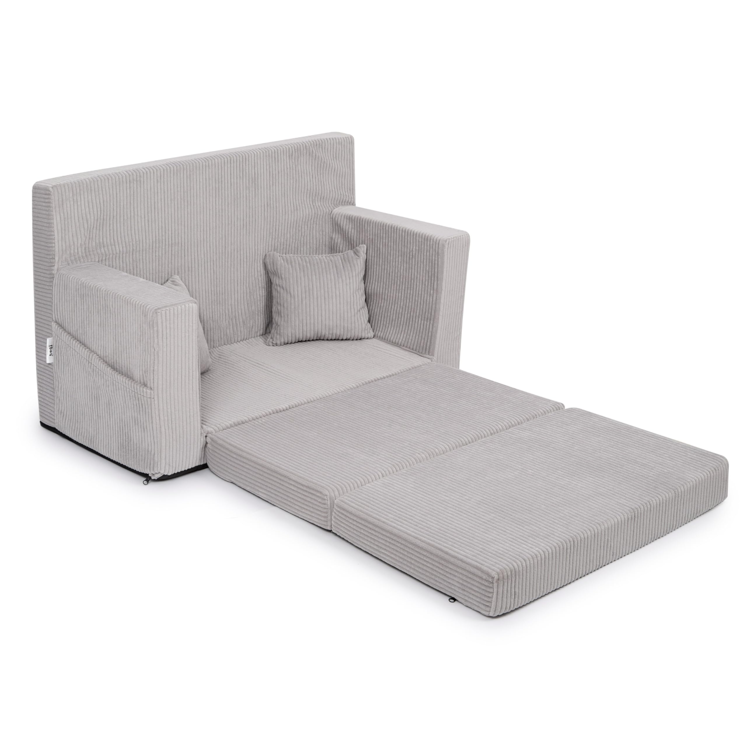 Flumi Personnalisé Canapé Enfant Convertible 3in1 Lit d Appoint Enfant - Mini Canapé avec nom de l'enfant - Mousse Chauffeuse Enfant avec Fonction Lit - Farbe: (côtelé Gris)