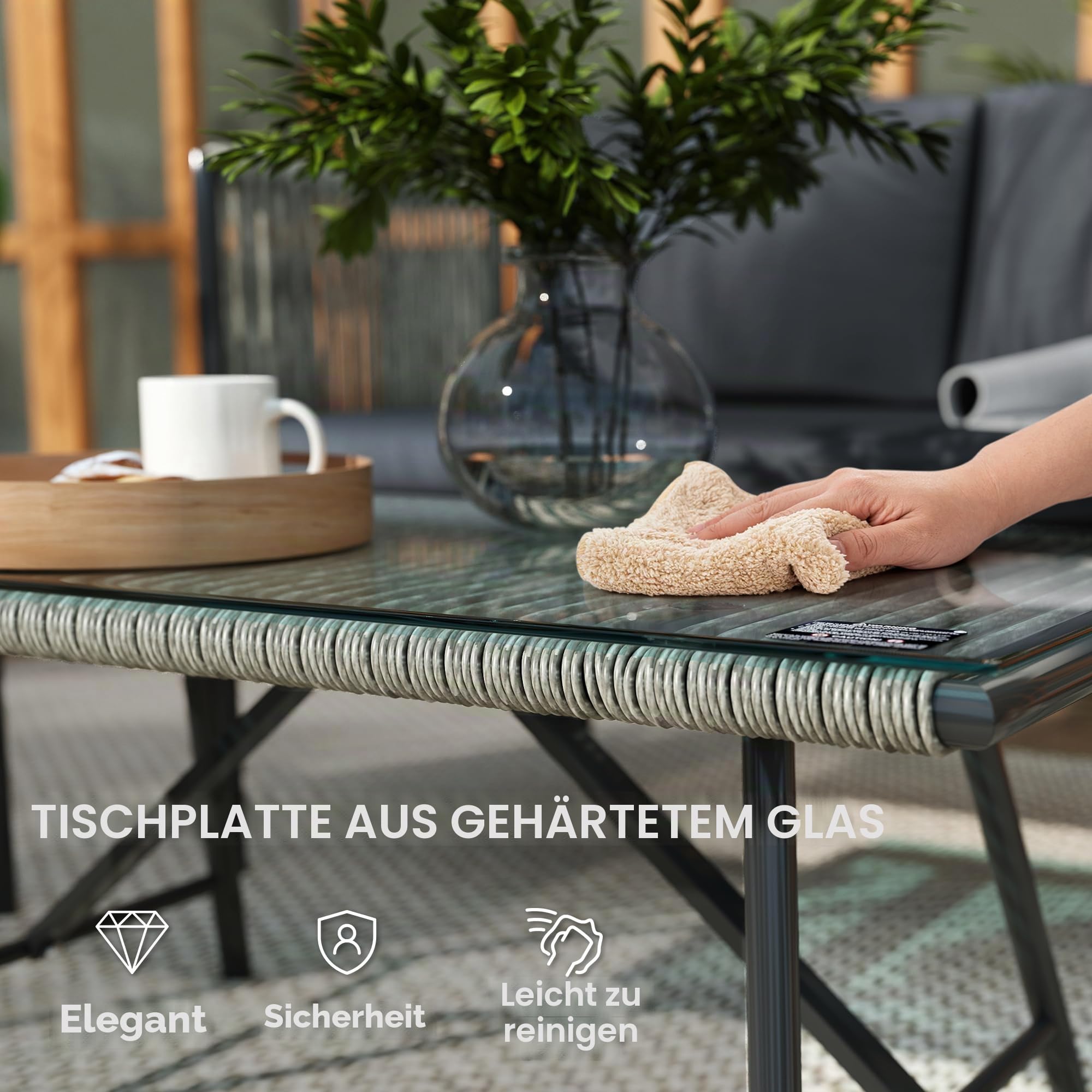 Outsunny Gartenmöbel Set aus Polyrattan mit 2er Sofa für 4 Personen Grau | Lounge-Set, Sessel, Glastisch, Kissen, Wetterfest, Balkonmöbel, Outdoor Sitzgruppe, Terrassenmöbel, für Garten Balkon