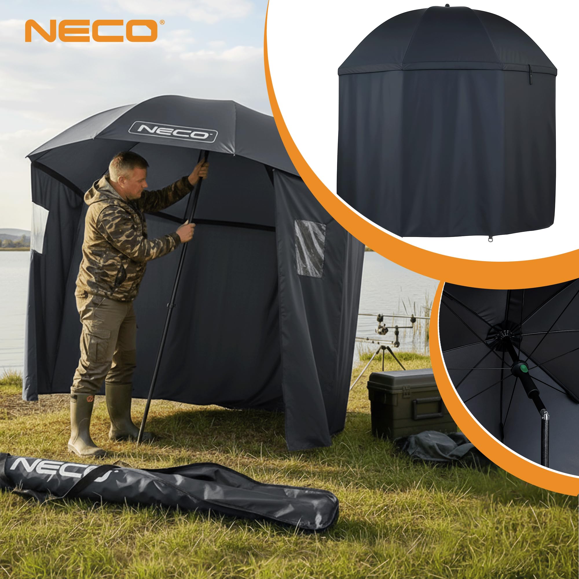 NECO Parasol Wędkarski z Bokami 220 cm 3/4 – Wodoszczelny, Dwuosobowy Namiot Parasolowy, Duży Parasol do Wędkowania, Namiot Karpiowy na Ryby i Kemping z Oknami