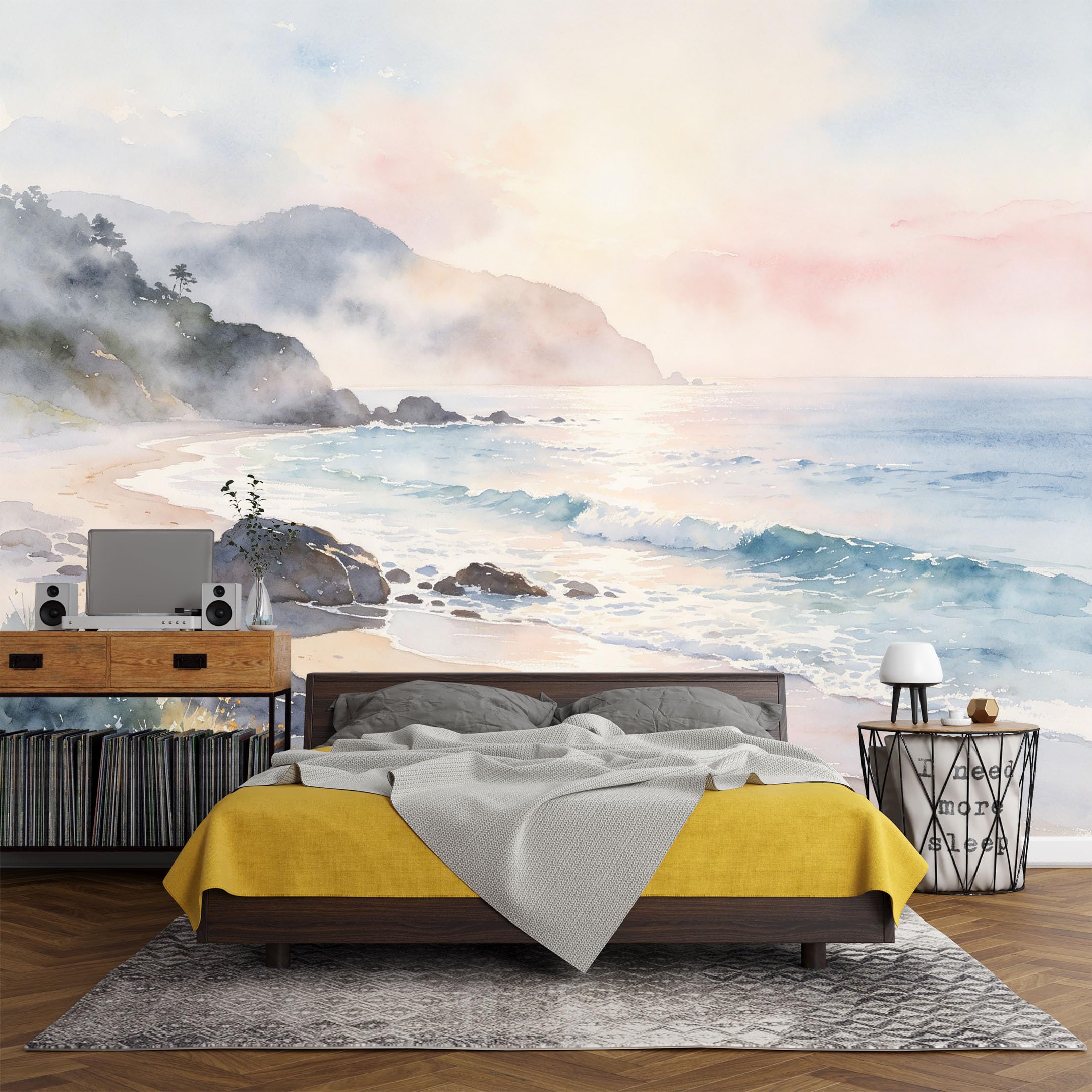 Custom Size Wall Mural， Coastal Sunrise Beach Mist Ocean Waves Watercolor Landscape，SelfAdhesive Art Prints wall Fabric (No PVC) Removable Wallpaper Living Room Decor