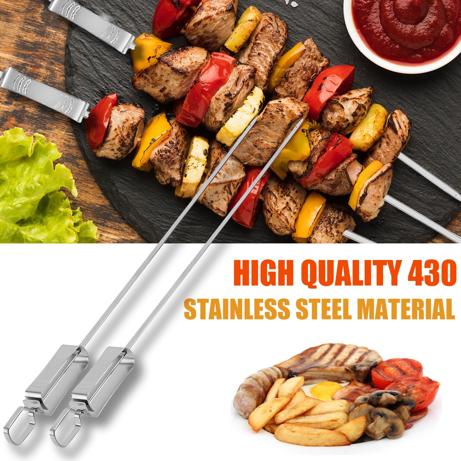 Spiedini per barbecue, in acciaio inossidabile 304 di alta qualità, 38 cm, resistenti bastoncini per kebab per grigliare, riutilizzabili e lavabili in lavastoviglie (10 forchette)