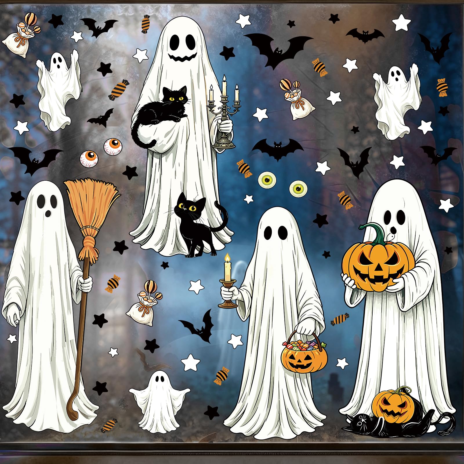 8 Sheets Large Ghost Halloween Window Stickers Halloween Windows Ghost Decorations Bat Clings Big Spooky Ghosts Decals for Outdoor Indoor Home Office Glass Door Car Wall Mirror Adults Party Decor