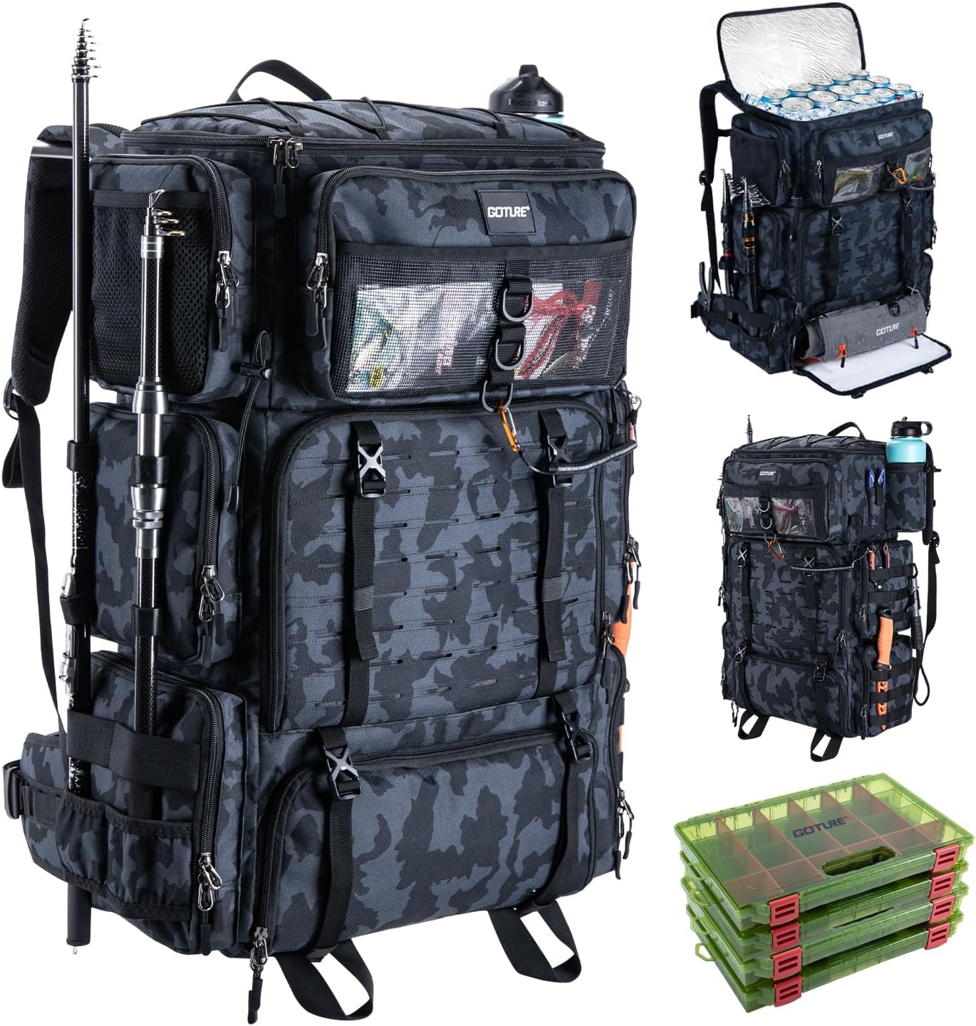Goture Fishing Backpack with Cooler, 72L 600D Tackle Backpack Included 4 3700 Tackle Boxes, Dry & Wet Split Compartment, Large Fishing Tackle Bag with Rod Holders,Rain Cover for Travel Camping Hiking