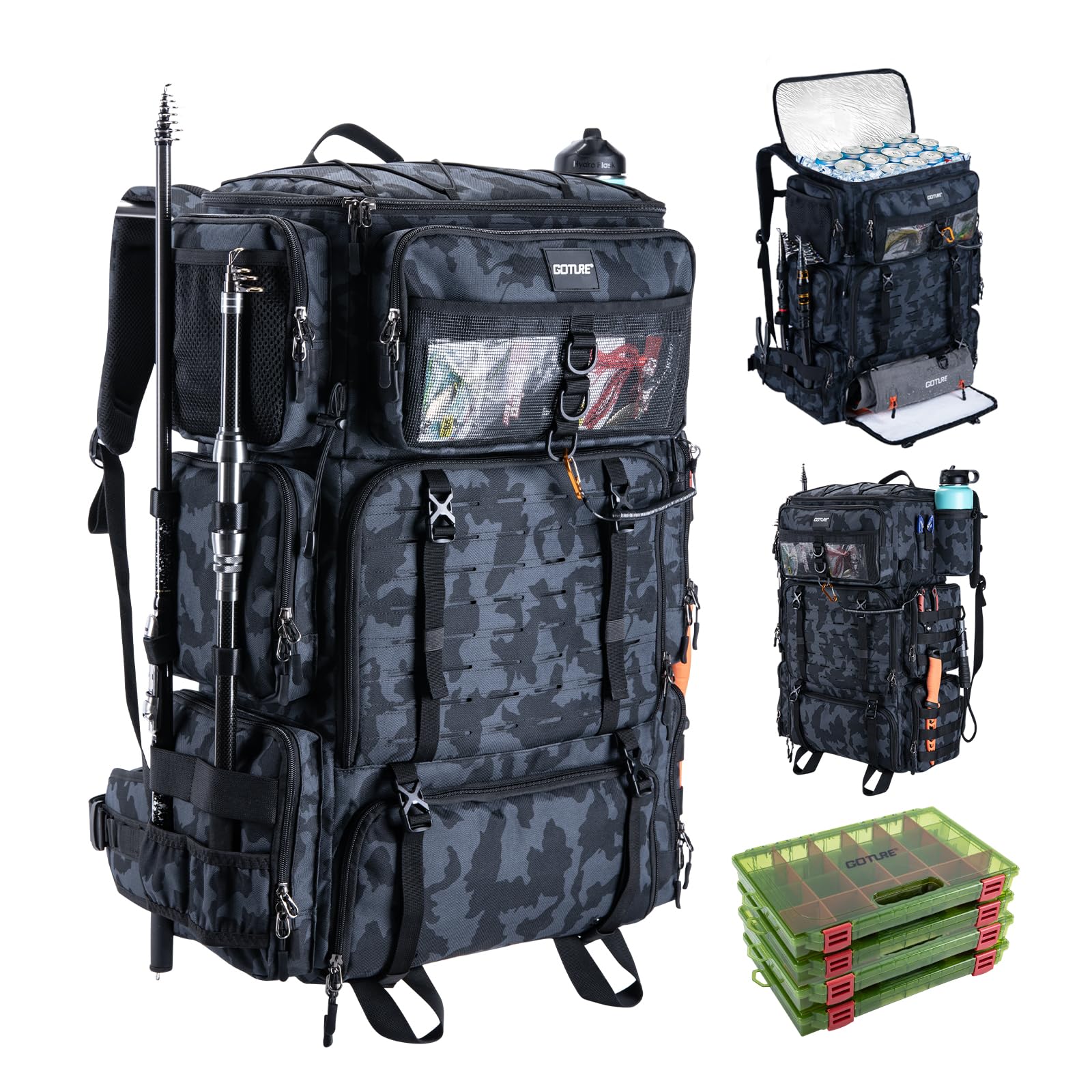 Goture 72L Angelrucksack mit Kühltasche (16L) & Trocken-/Nass-Fach - Verstellbare Fächer Wasserabweisende Angelgerätetasche mit 4 Köderbox Angeln, 2 Rutenhalter, Regenschutz für Angeln, Camping