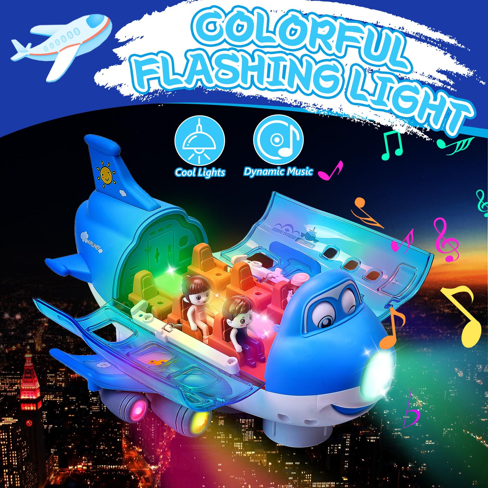 Giocattolo Aeroplano per Bambini con Luci Lampeggianti a LED E Suoni, Giocattolo Educativo per Ragazzi E Ragazze Natale Compleanno Regalo, Giocattolo di aereo elettrico rotabile a 360° (Blu)