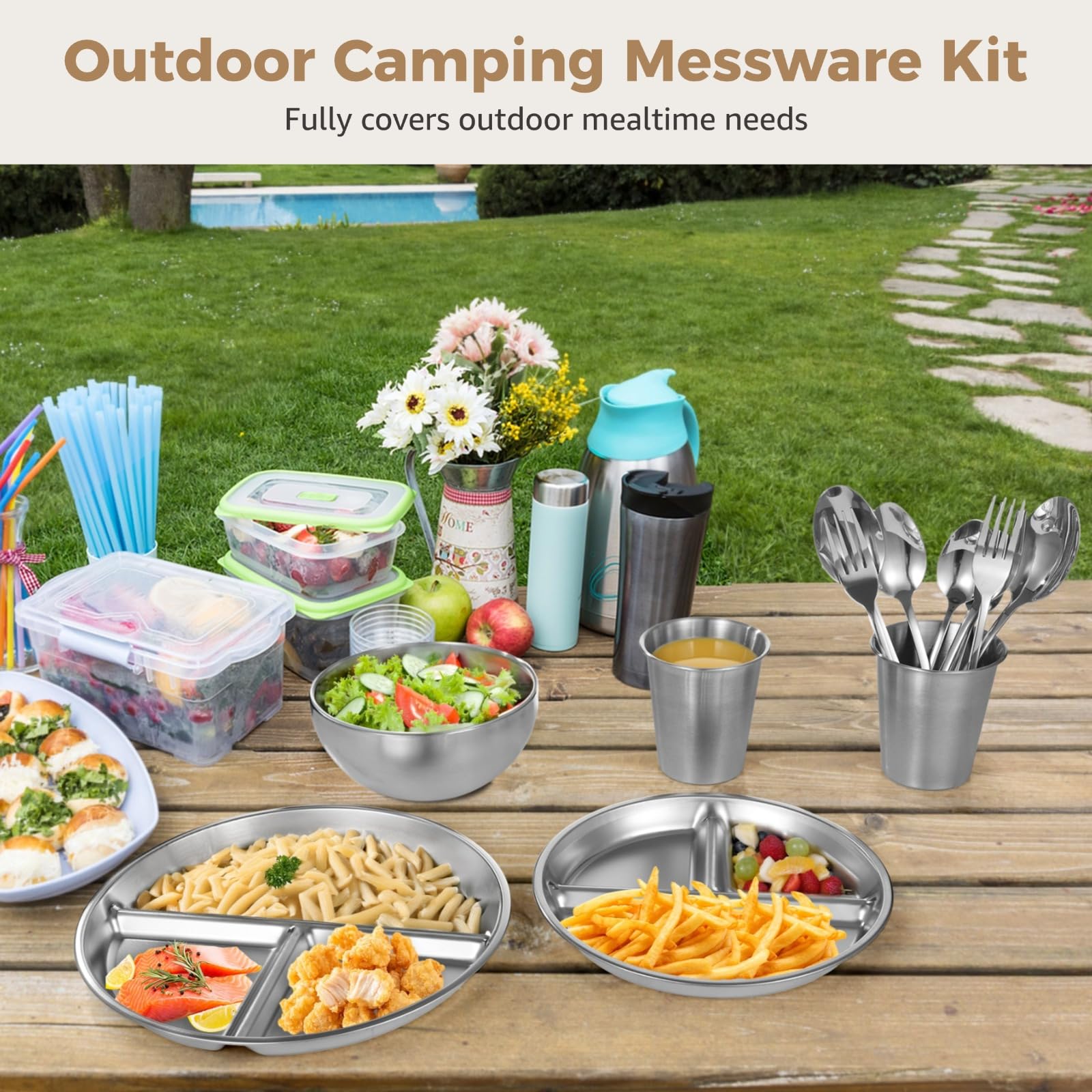 Lot de 28 pièces : kit repas de camping extérieur en acier inoxydable, assiettes, bols, gobelets, fourchettes et cuillères, vaisselle polie pour randonnée, backpacking, pique-nique