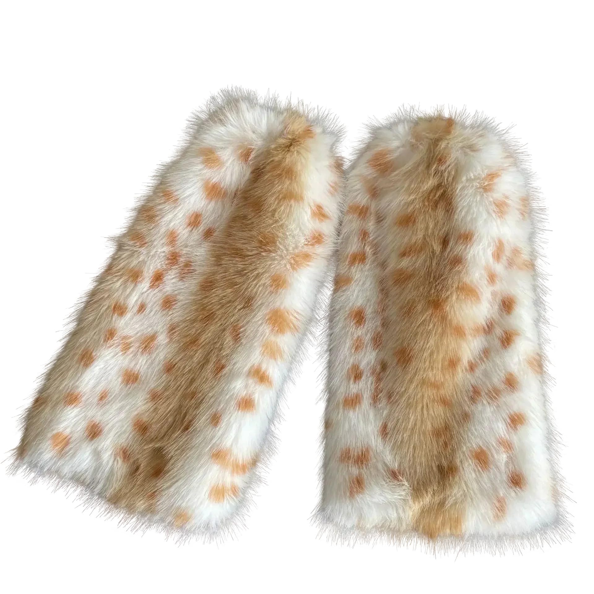 Leopard Faux Fur Long Leg Warmers Plush Boot Covers for Women Soft Furry Calf to Knee Warmers Winter