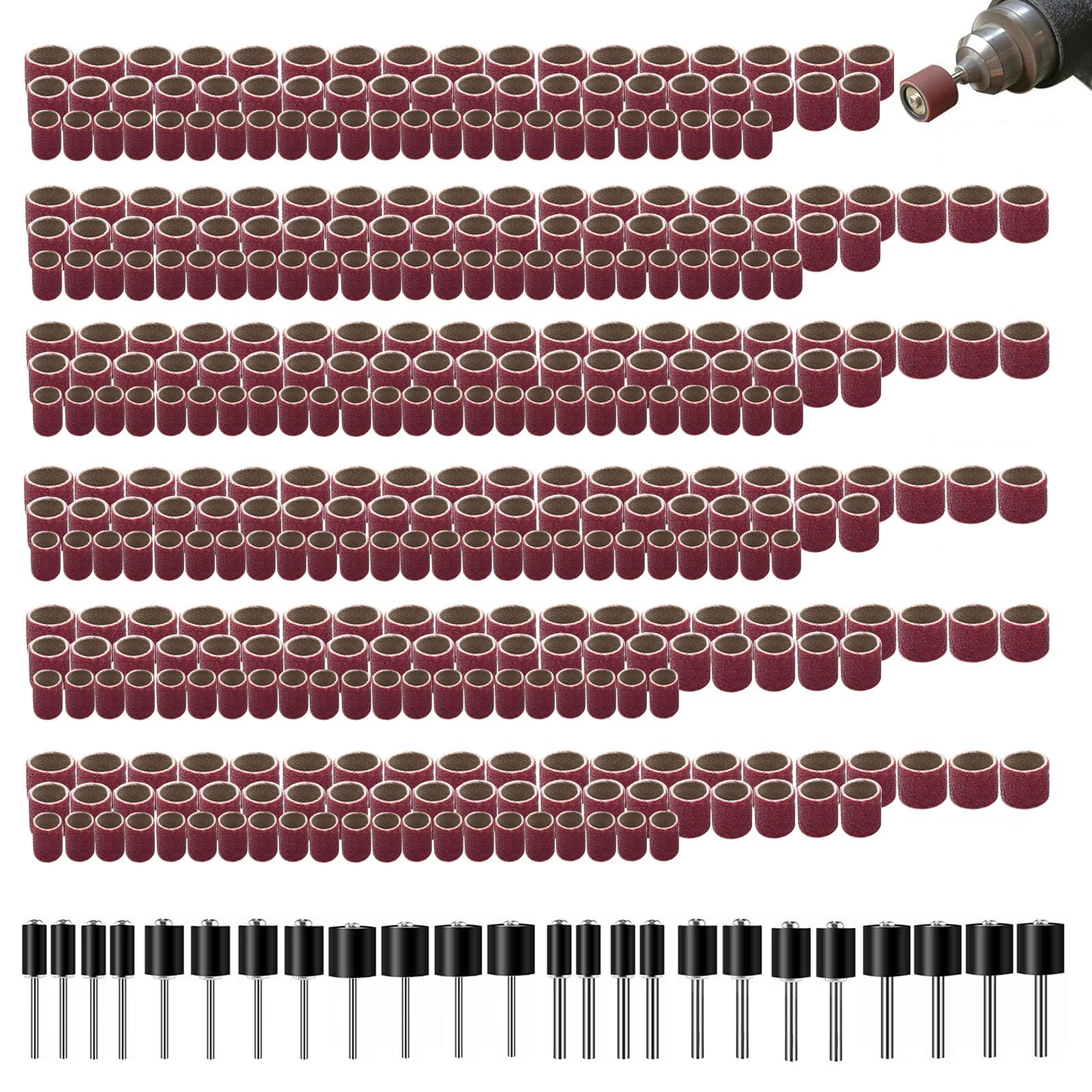 mxuteuk Lot de 400 tambours abrasifs avec 376 pièces (grain 80, 120, 240, 320, 400, 600), 24 mandrins de tambour de ponçage de différents diamètres pour outils rotatifs Dremel