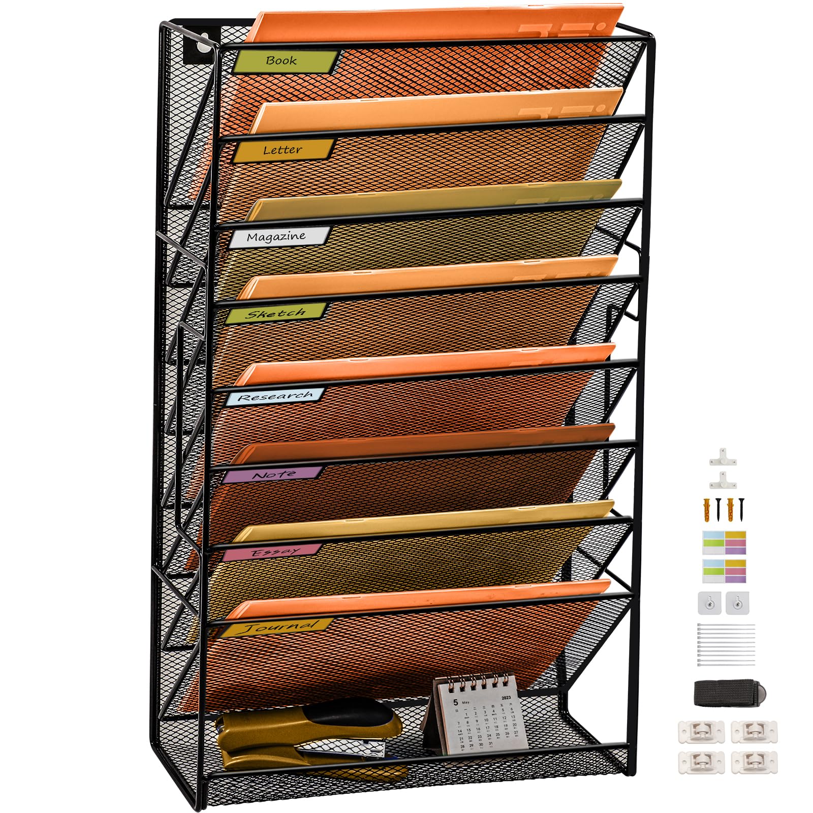 PLSOPPKG 9 Tier Wall Mounted File Organizer, Hanging Wall File Holder, A4 Wall Pocket File Holder, Metal Mesh Magazine Rack, Mail Organizer Wall Mount Holder, Upgrade
