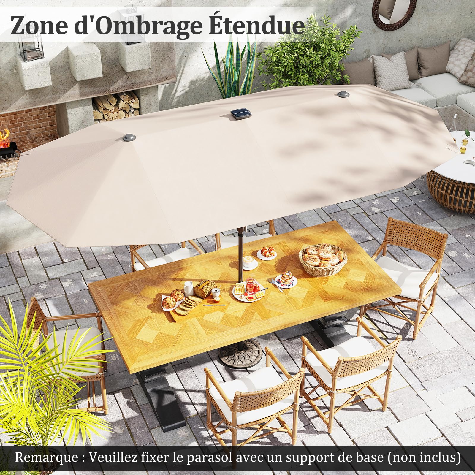 GOPLUS 3,8M Parasol de Jardin Extérieur Double, Grand Parasol Rectangulaire avec LED Coloré, Manivelle, Panneau Solaire, 12 Baleines, pour Terrasses Balcon Cour Marché (Beige)