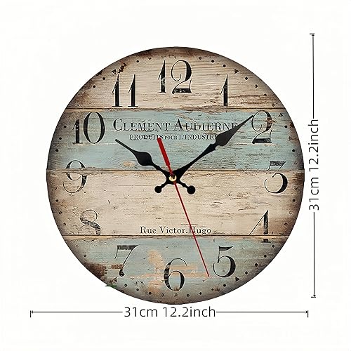 Miniatura 2 de Reloj de pared redondo de madera de 12 pulgadas, silencioso, vintage, rústico, estilo náutico, números arábigos, ideal para sala de estar,