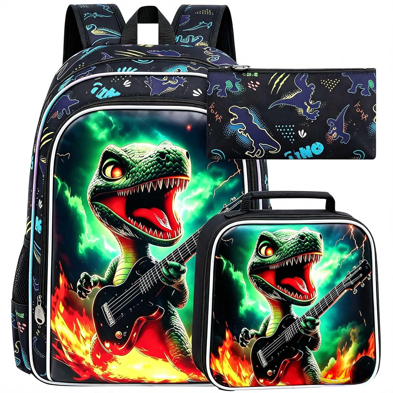 3Pcs Dinosaur Backpack for Boy, 16" Bookbag with Lunch Box, Kids School Backpacks for Elementary Preschool Kindergarten (Black)