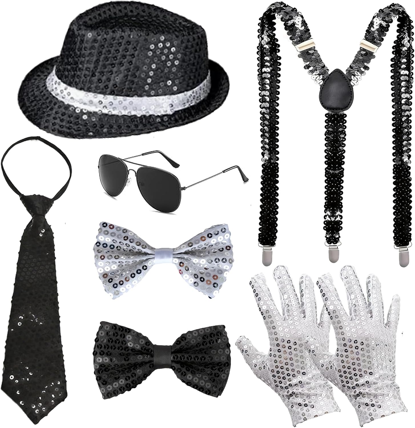 MEDOJO 70s 80s Disco Outfits Mens Dance Star Costume 70s 80s Pop Stage Sequin Gloves Black Fedora Hat Sunglass Tie Sequin Strap for Cosplay Party Halloween