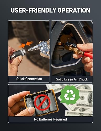 Miniatura 7 de AstroAI T3 Medidor de presión de neumáticos resistente con inflador, portabrocas de doble cabeza ANSI B40.1 con manómetro de aire preciso, 10-120