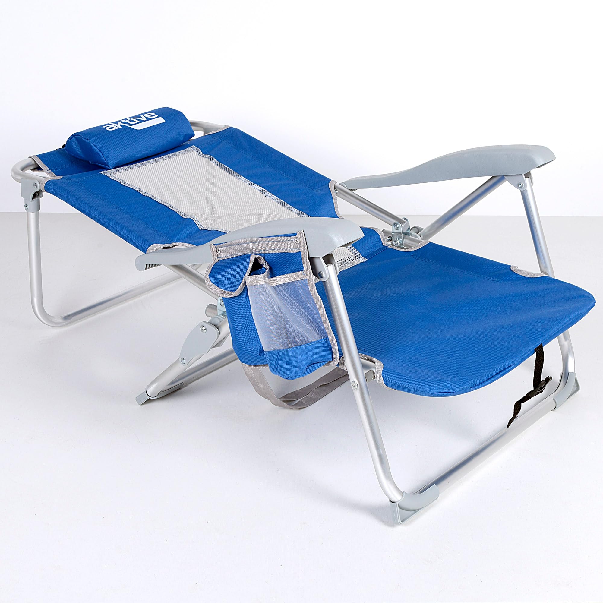 AKTIVE Sedia da spiaggia pieghevole e reclinabile 7 posizioni, Misure 49x56x78 cm, Con tasche, rete traspirante e cuscino, Blu e grigio, Antiribaltamento, Materiale alluminio, Max. 110 kg (62656)