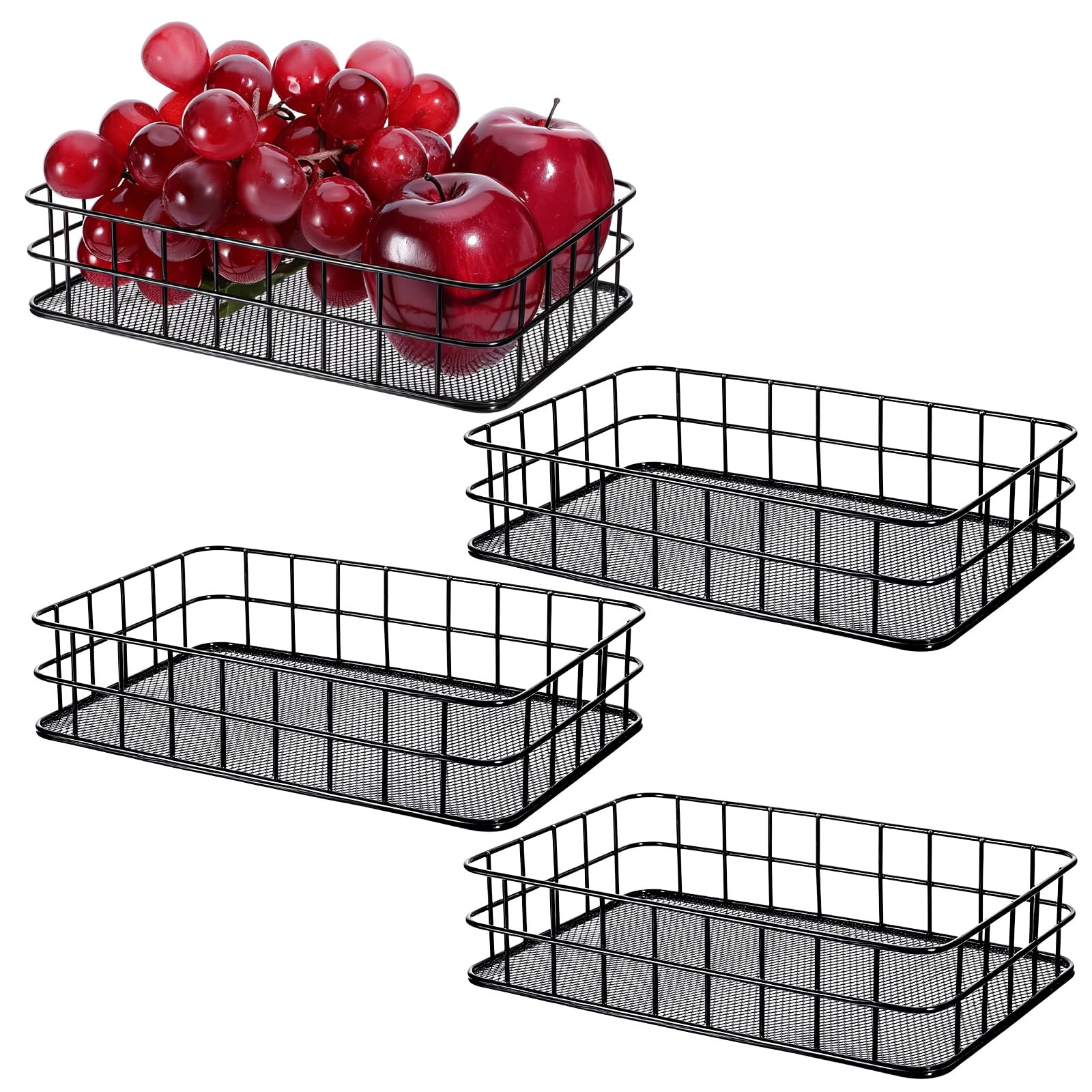 4 pièce Organisateur de Rangement en Fil Métallique Noir pour Armoire Plateau de Rangement en Maille de Fer de 16x24.7x5.55cm Panier en Filet Bac de Rangement en Fil Métallique