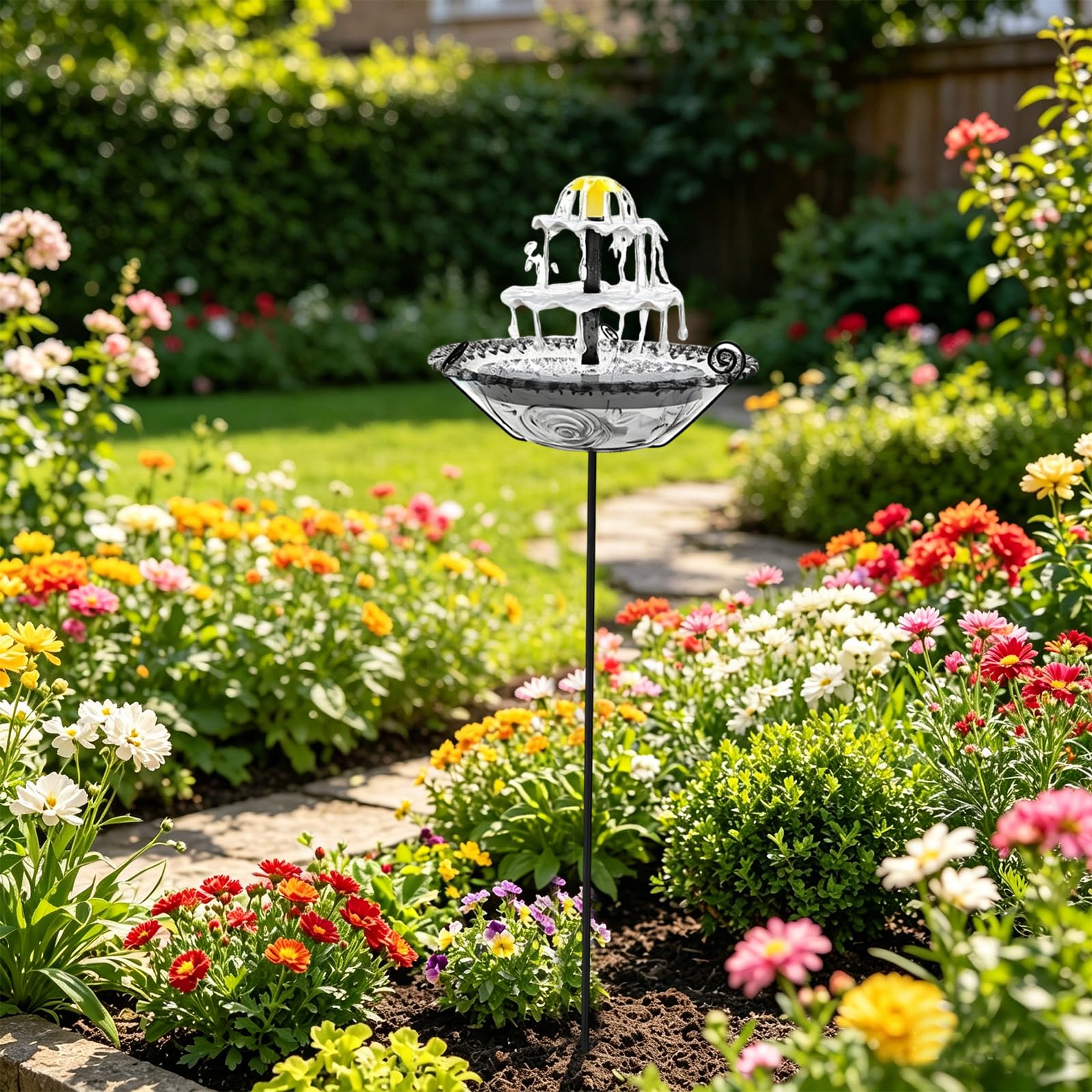 Solar Bird Bath Fountain for Outside, Solar Fountain for Bird Bath with 5 Prongs Metal Stake Stand, Outdoor Water Fountains, Cascading Standing Birdbaths for Garden, Yard, Patio & Lawn Decor