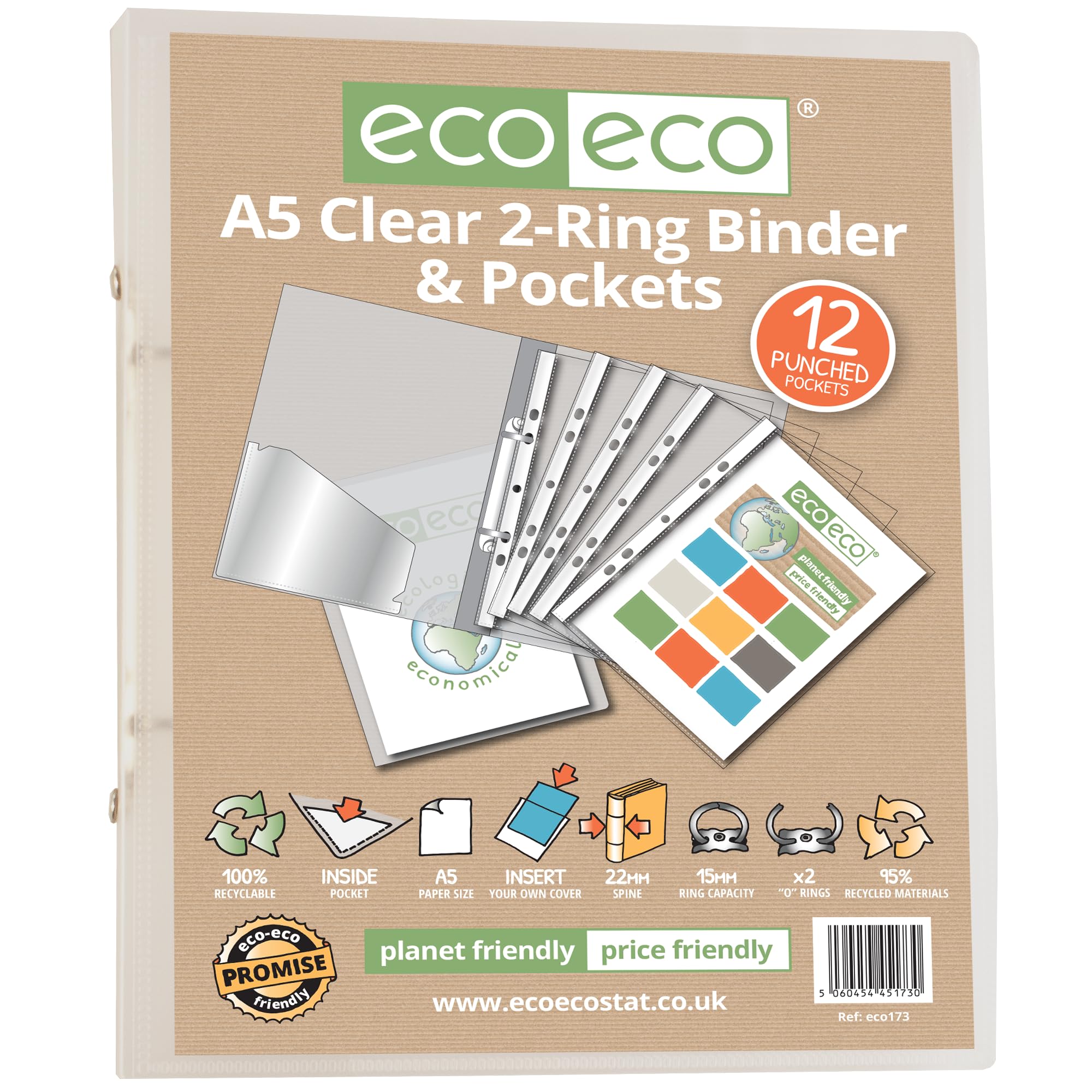 eco-eco Eco173x12 - Raccoglitore ad anelli formato A5, 65% riciclato, con 12 tasche multiforate, confezione da 12