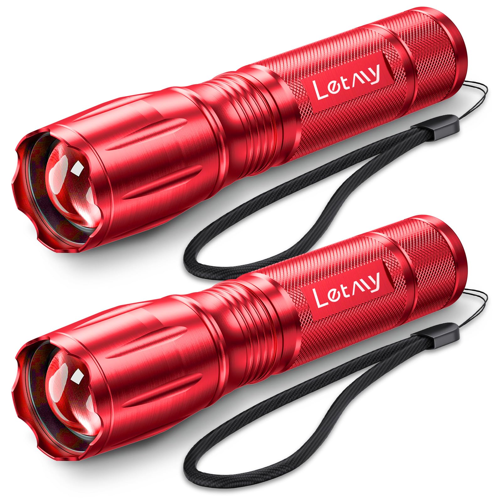 LETMY Tactical Flashlight - 2 Pack Bright Military Grade Flashlights High Lumens - Portable Handheld Flash Light, 5 Modes Zoomable Waterproof Flashlights for Home Emergency Camping- Red