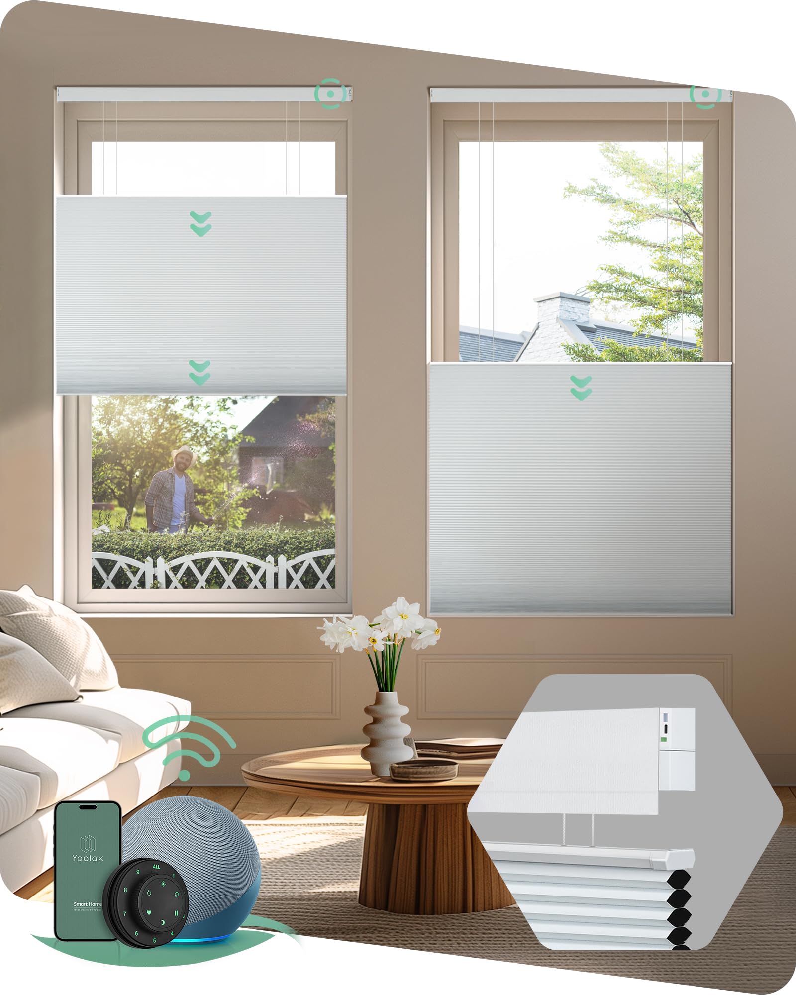 Yoolax Smart Top Down Bottom Up Cellular Shades Compatible with Alexa Google Motorized Cordless Honeycomb Blinds for Indoor Windows TDBU Shades (