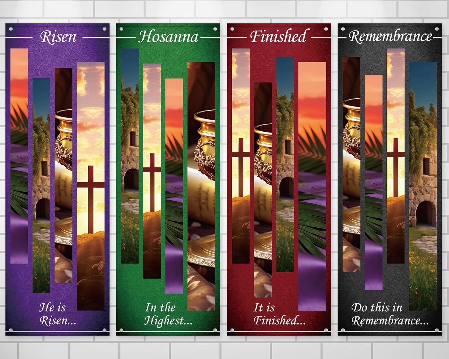 4Pcs Easter Church Banners for Sanctuary Wall Religious Banners Hanging Backdrop Praise Hanging Sign with Scripture Bible Verses Banner Easter Banner for Church School Decor(Light and Shadow)