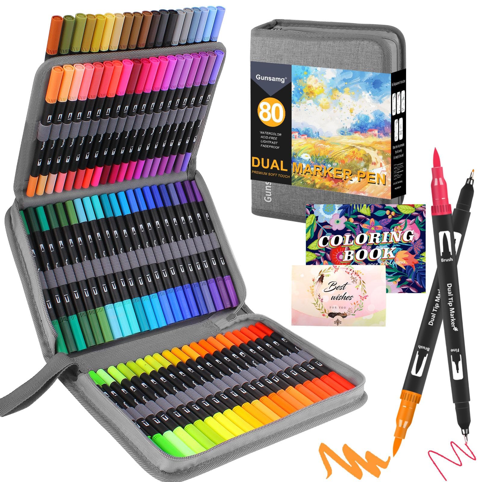 Gunsamg 80 Feutres Coloriage Adulte pour Dessiner, Manga, Doodling, Scrapbooking, Aquarelle Stylos Feutre Coloriage Enfants, Double Pointe Fine avec Livre de Coloriage et Cartes de Vœux
