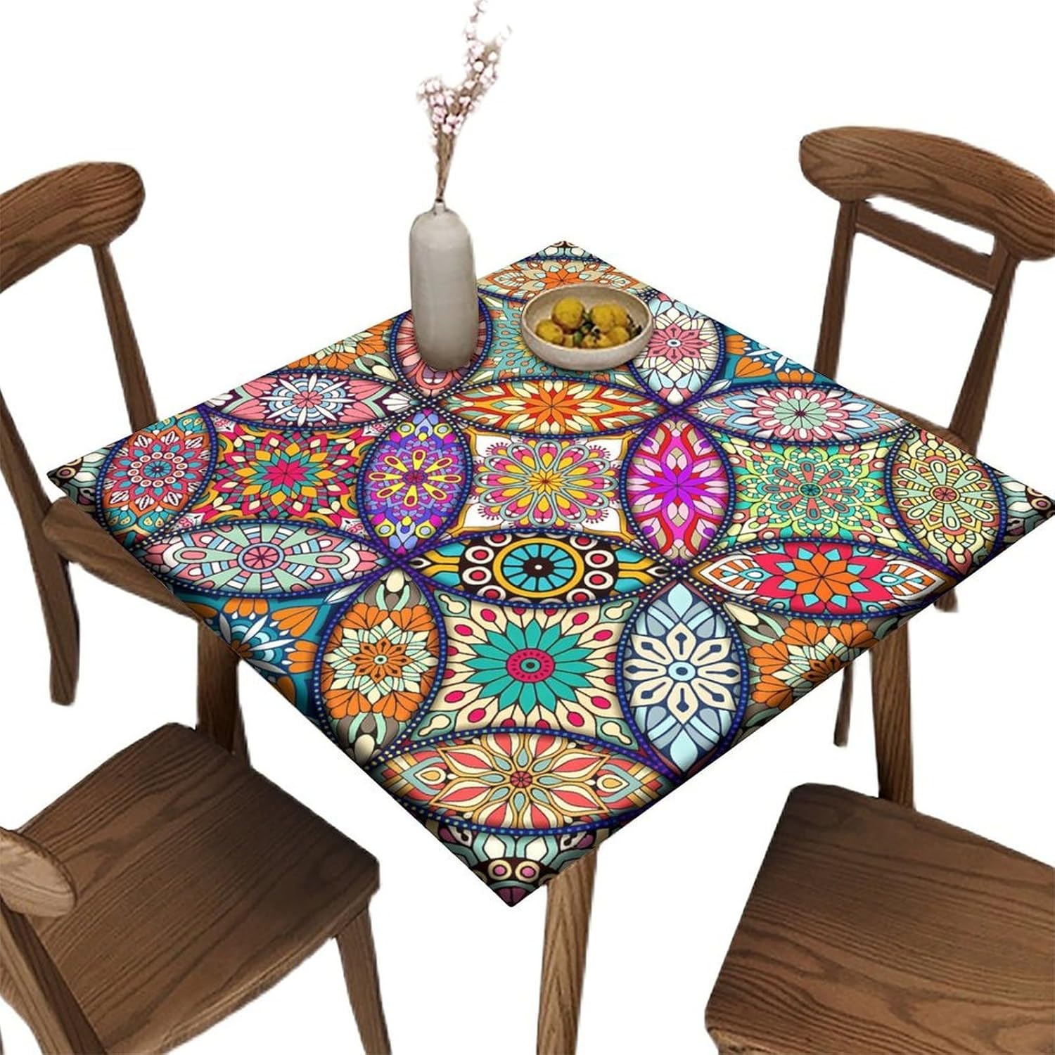 Elastic Edge Square Fitted Tablecloth, Colorful Tiled Pattern Pattern Printed on Elastic Polyester Table Cover, for Dinner Terrace Party,54" x 54"