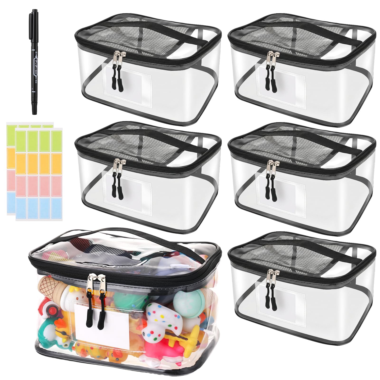 saerryor 6 Pack Clear Toy Storage Bags with Handles, Zipper Toy Storage Bags with Name Tag and Marker, Reusable Waterproof Toy Bags, for Building Blocks, Puzzles (L)