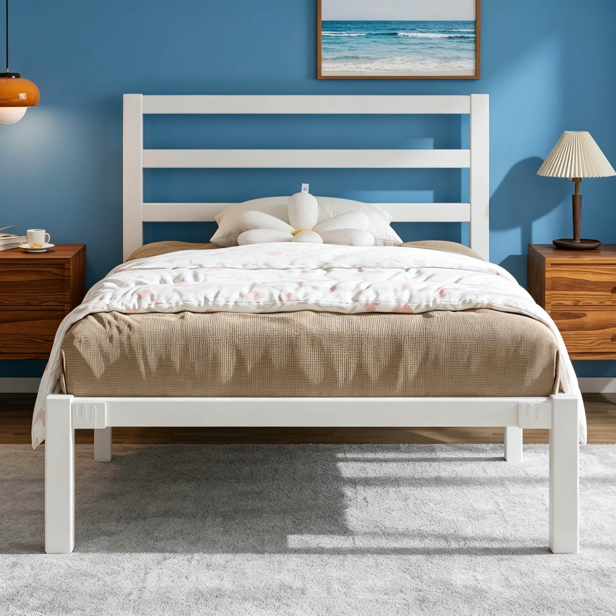 E-Motie Bett 90×200, Metallbettgestell 90 × 200 cm mit Kopfteil, Stauraum unter dem Bett, Modernes Jugendbett mit Lattenrost, Einfache Montage, Weiß