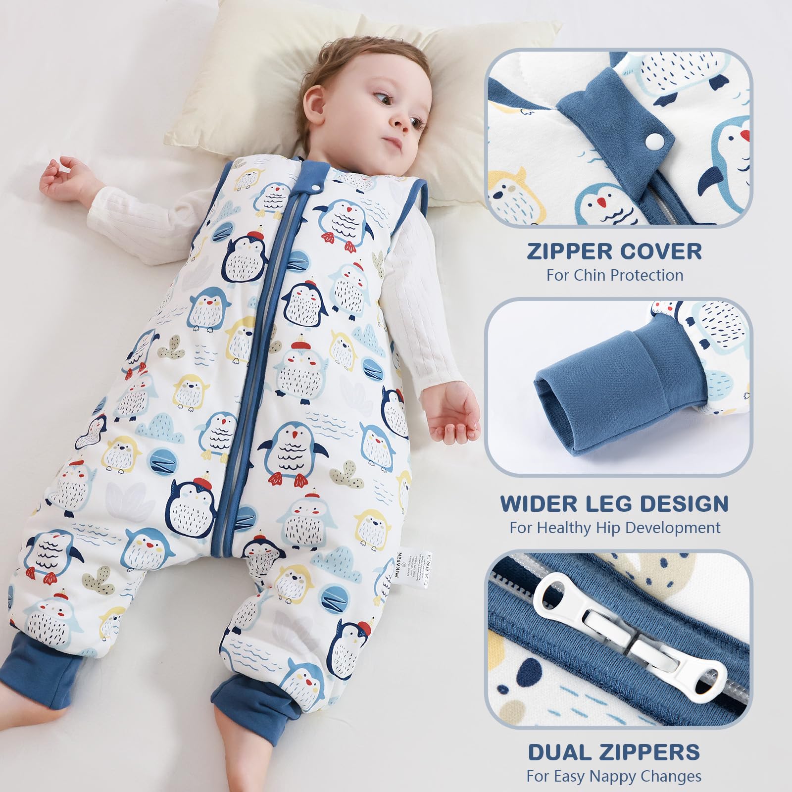 MIKAFEN Bambini Sacco nanna invernale con gambe 2,5 Tog,100% cotone,Sacco nanna con piedini,85-95 cm/18-36 mesi,Pinguino blu