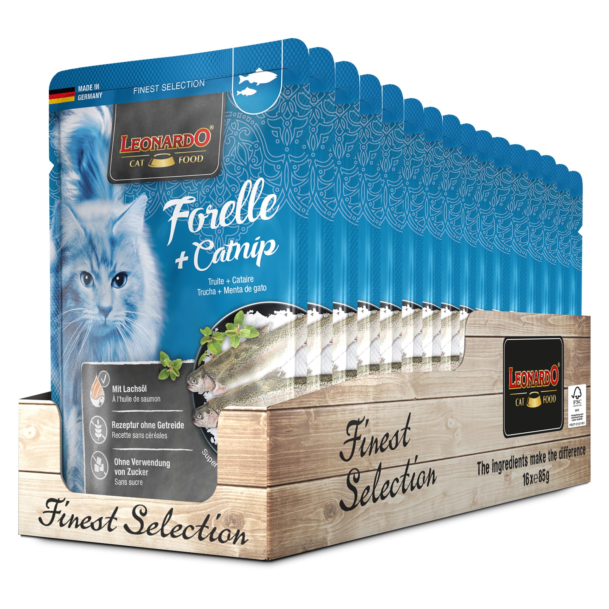 LEONARDO Frischebeutel [16x85g Forelle + Catnip] | Getreidefreies Nassfutter für Katzen | Feuchtfutter Alleinfutter im Einzelportionsbeutel