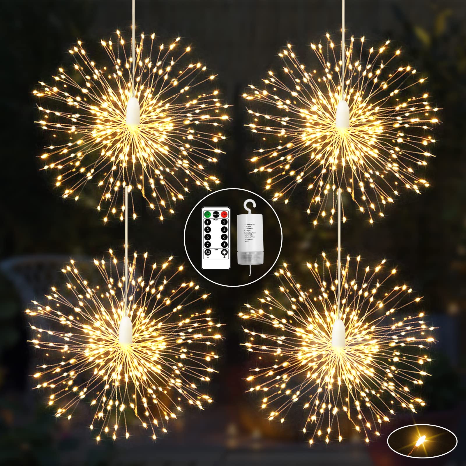 4 Pack Firework Lights, RJEDL 120 LED Christmas Hanging Fairy Lights with 8 Modes, Waterproof Starburst String Lights with Remote Timer for Indoor Outdoor Garden Yard Party Tree Decoration(Warm White)
