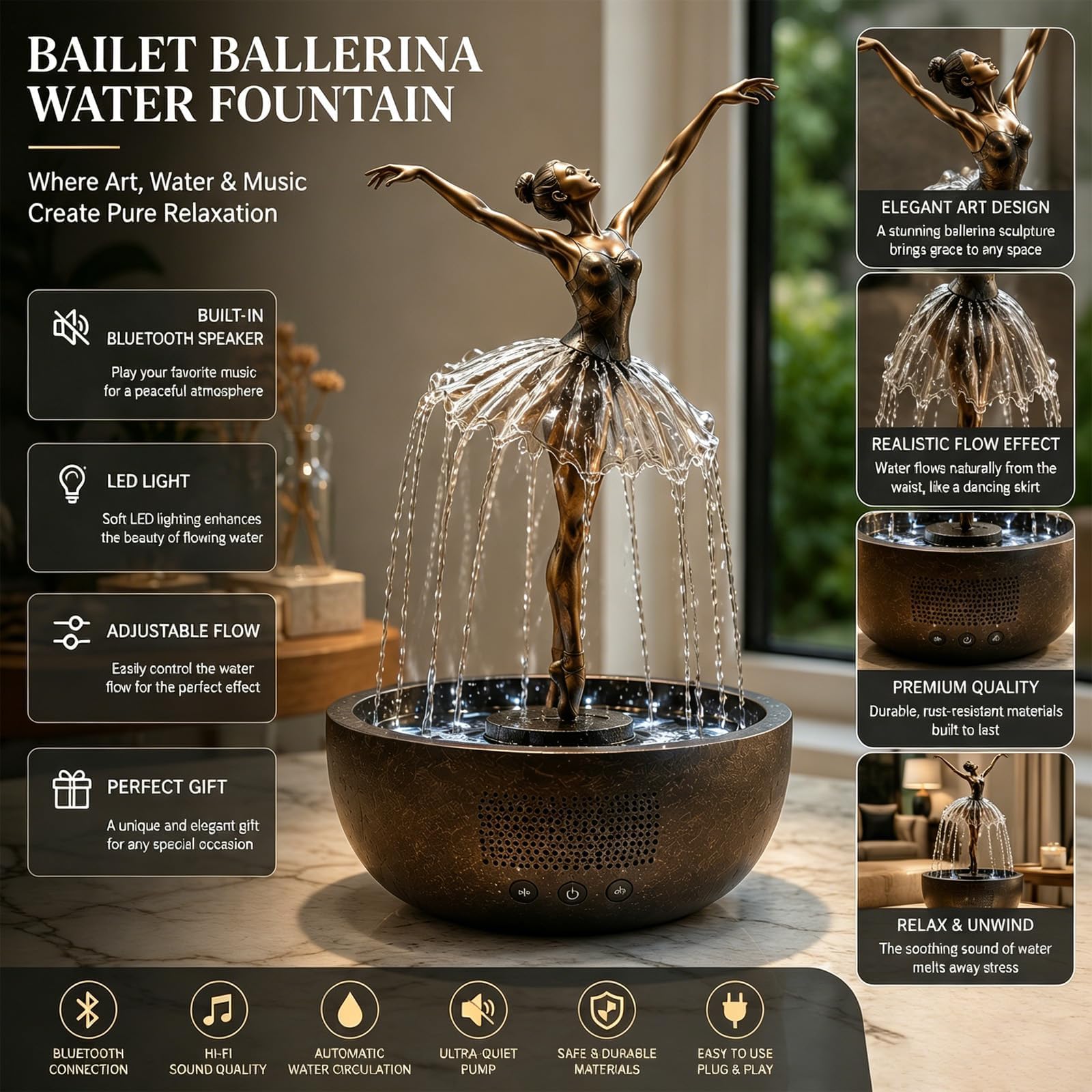 Fontana con altoparlante Bluetooth con luce LED, scultura artistica di ballerina, musica rilassante e acqua fluente, per casa, ufficio, camera da letto, decorazione relax