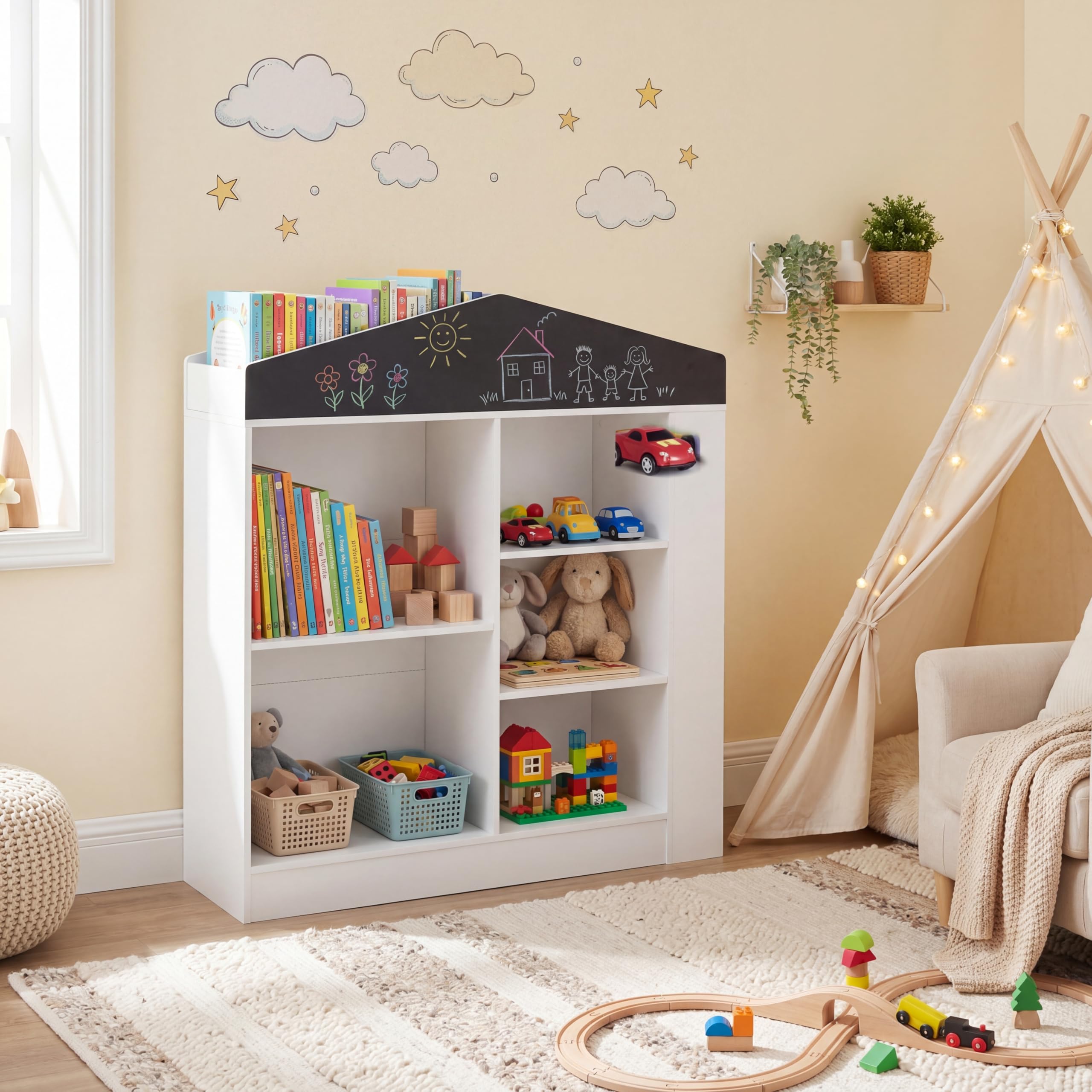 RELAX4LIFE Libreria Montessoriana per Bambini, Scaffale Portaoggetti con Scomparti e Lavagna, Libreria a Forma di Casa per Cameretta, Sala Giochi e Asilo Nido