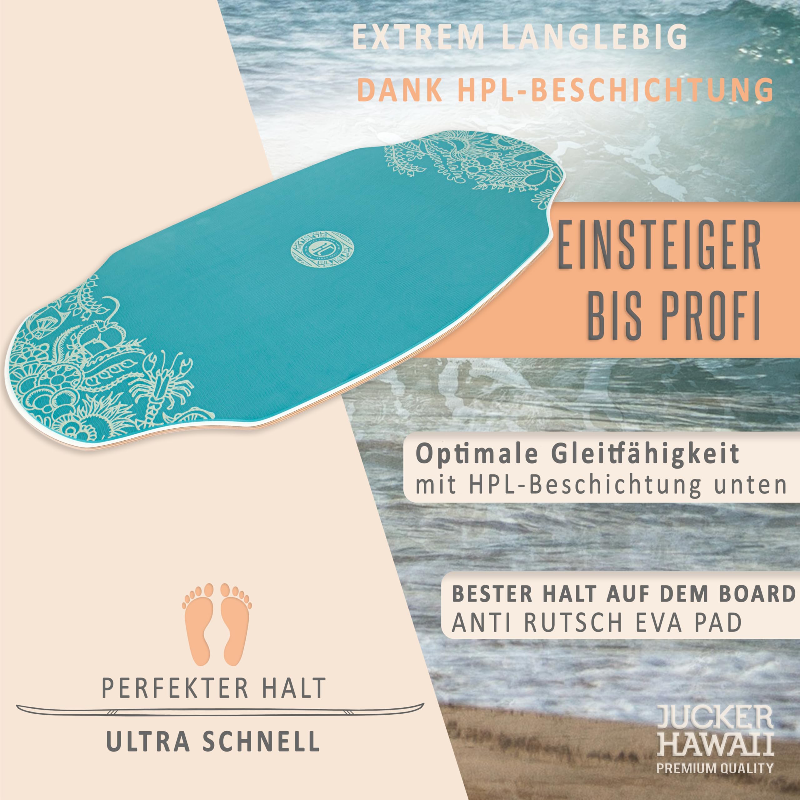 JUCKER HAWAII Skimboard HPL AKA Blue Pro – Tabla de esquí profesional con revestimiento HPL de doble cara y capa antideslizante EVA, tabla de esquí de gama alta – Ultra rápida, duradera y soporta