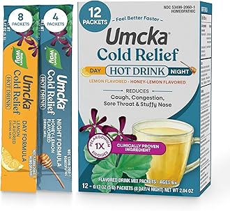 Nature’s Way Umcka Cold Relief Hot Drink, Day & Night Homeopathic Cold Medicine with Clinically Proven Ingredient for Cough, Congestion, Sore Throat, Lemon & Honey Flavored Packets, 12 Count