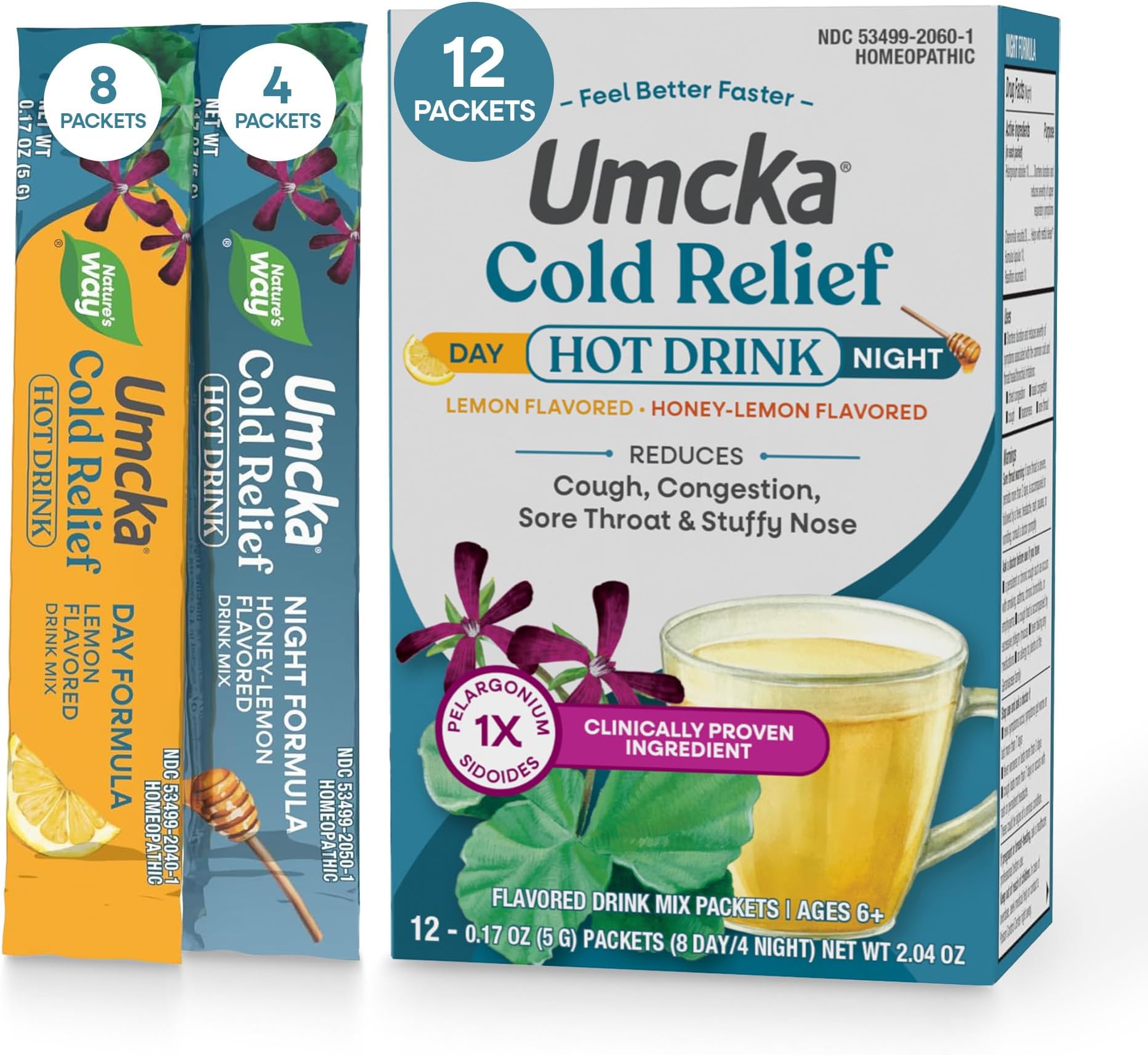 Nature’s Way Umcka Cold Relief Hot Drink, Day & Night Homeopathic Cold Medicine with Clinically Proven Ingredient for Cough, Congestion, Sore Throat, Lemon & Honey Flavored Packets, 12 Count