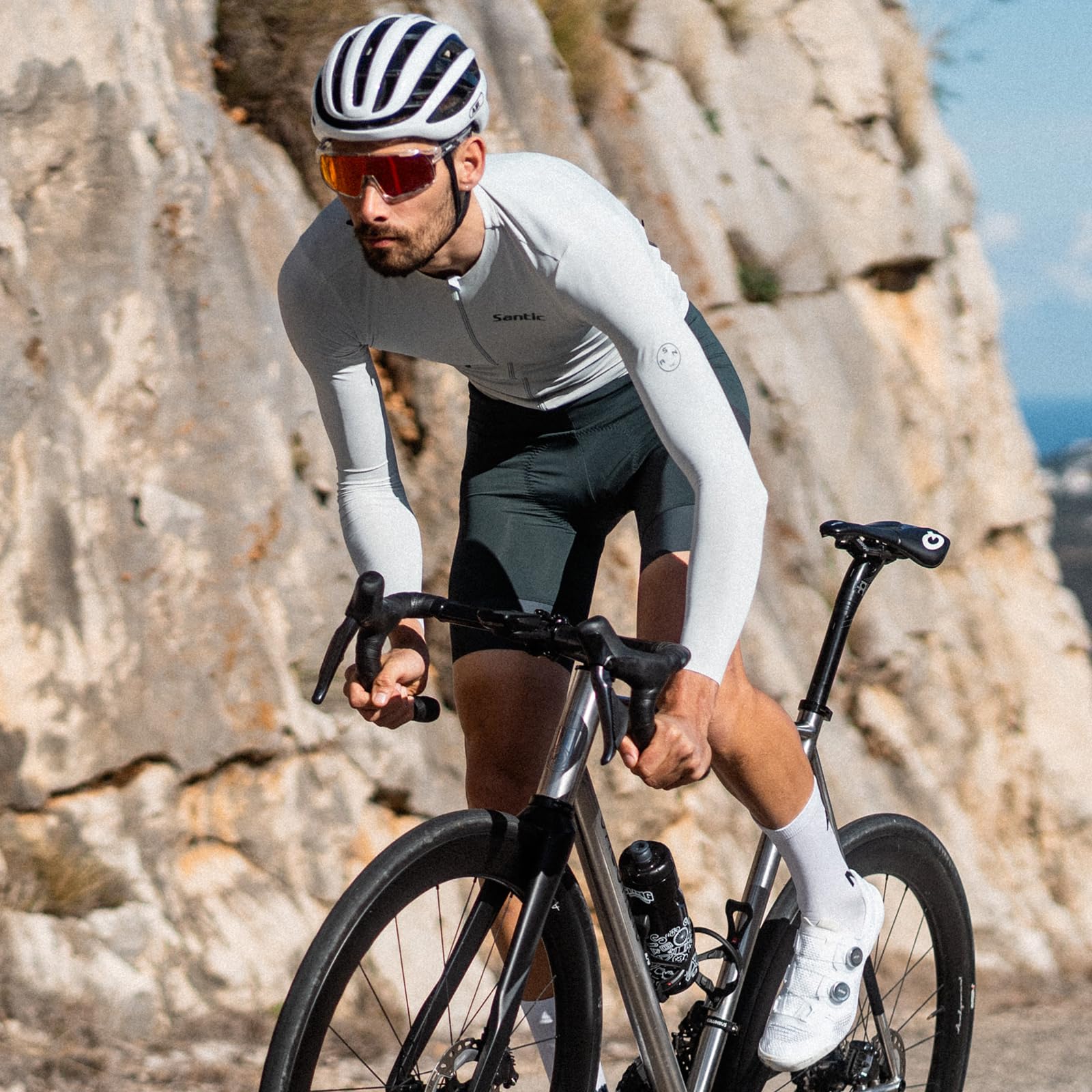 Santic Camiseta de ciclismo para hombre, manga larga, con cremallera completa, UPF 50+, con bolsillos