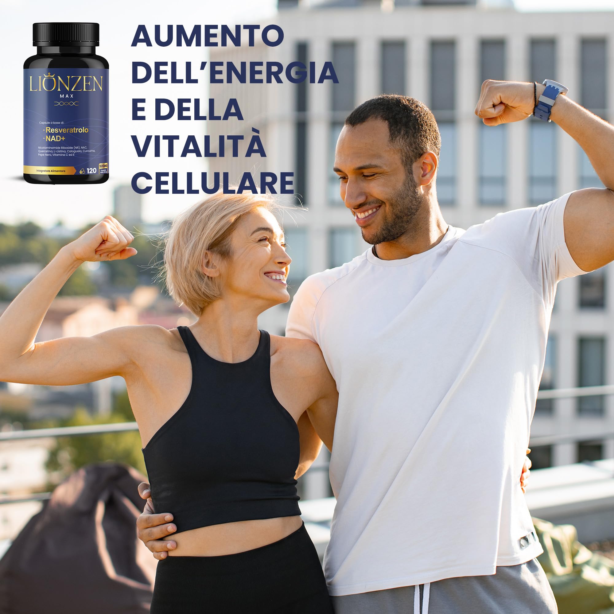 NAD+ Trans-Resveratrolo puro con 10 ingredienti anti-età | 1000 mg | Energia cellulare, longevità, vitalità | Nicotinamide Riboside, Quercetina, NAC, Curcuma, Pepe Nero | Lionzen Max