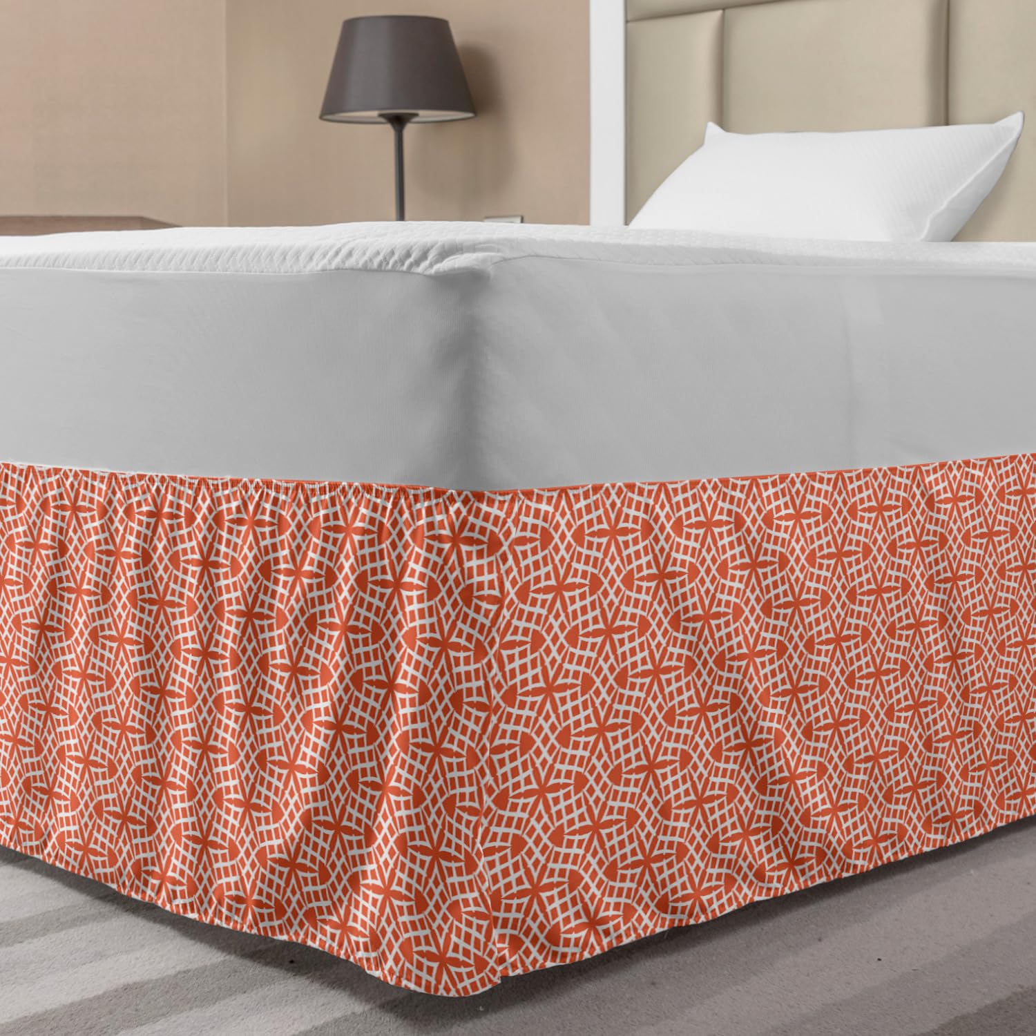 Lunarable Coral Bed Skirt Bound Symmetrical Mosaic Flower and Star Lines Damask Mix of East and West Boho