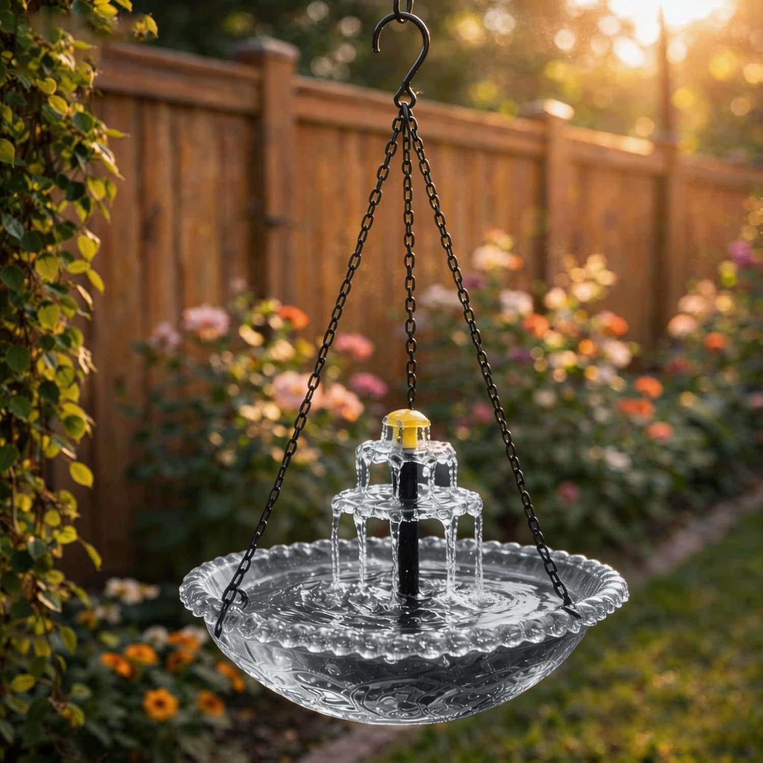 Solar Fountain for Bird Bath Outdoors, Hanging Cascading Water Feature, Transparent Bowl for Window Viewing, Durable Plastic & Iron Yard Decor, 23.5x45cm (Gray)