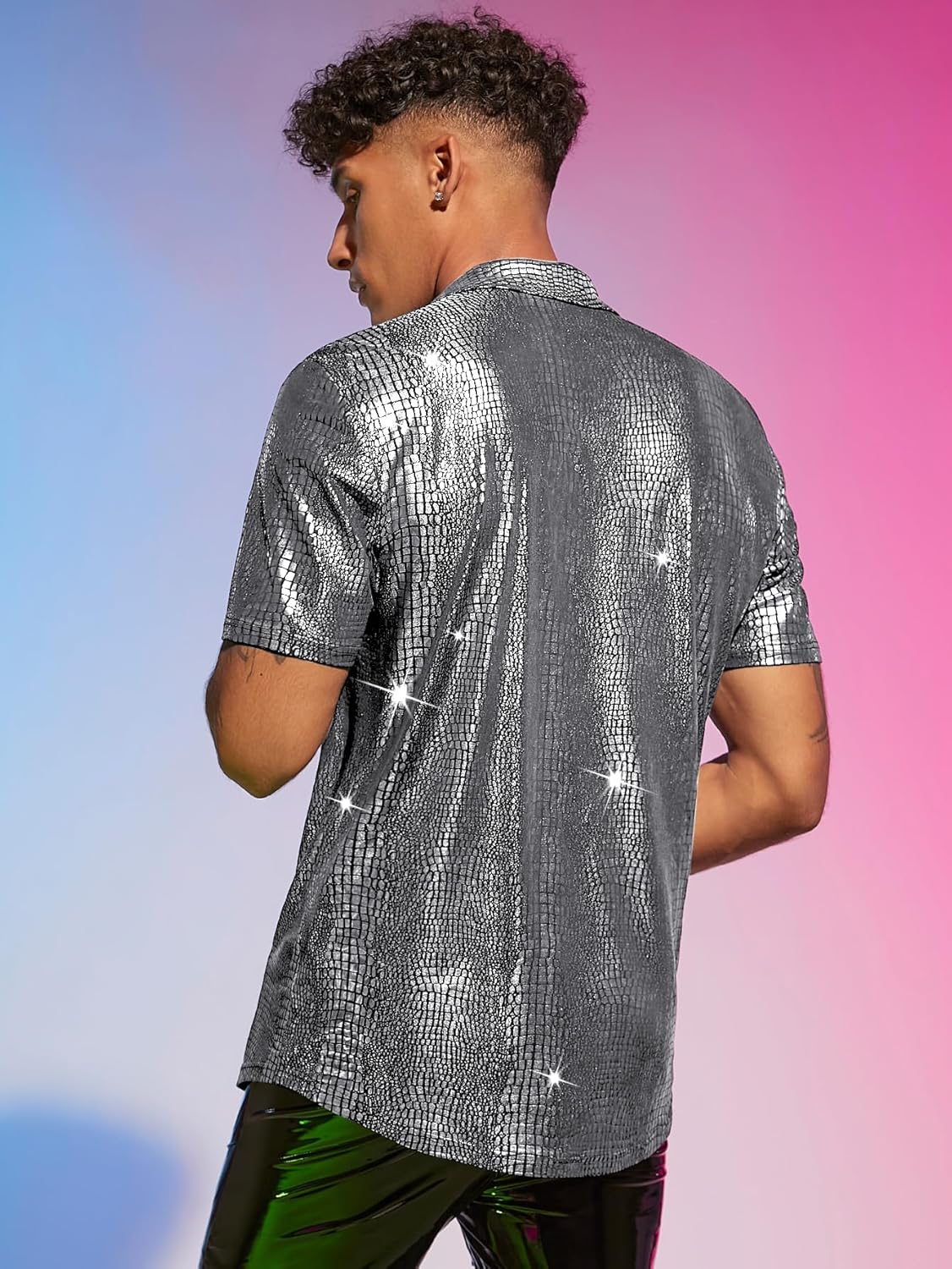 WDIRARA Men's 70s Sparkly Disco Top Crocodile Pattern Metallic Rave Button Down Shirt Short Sleeve Party T Shirt - Image 2