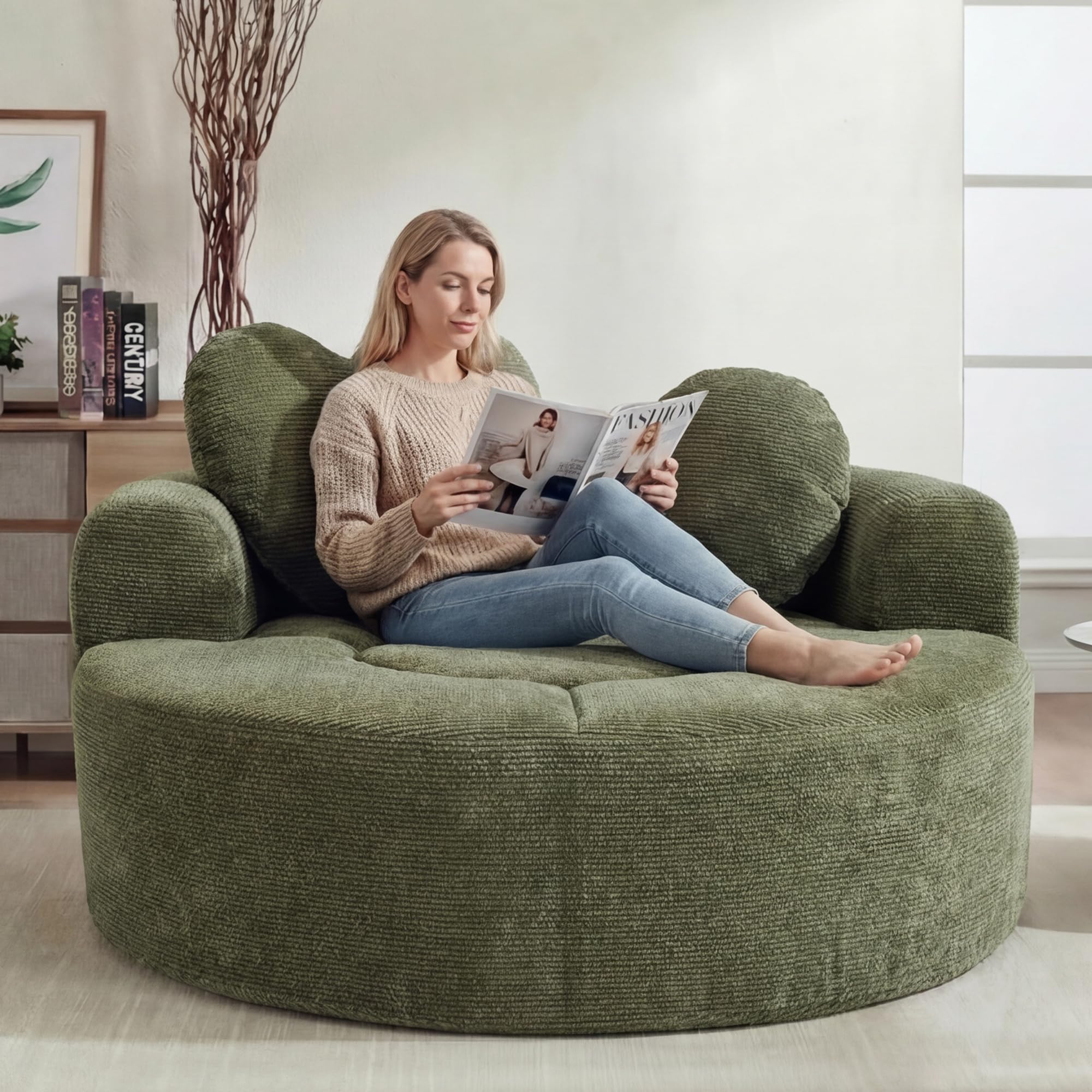 Oversized Round Chair Lounge Chaise Indoor, 54.3" Upholstered Corduroy Deep Seat Single Cloud Sofa Chair with Heart-Shaped Pillow Modern Large Circle Boneless Couch for Living Room, Green