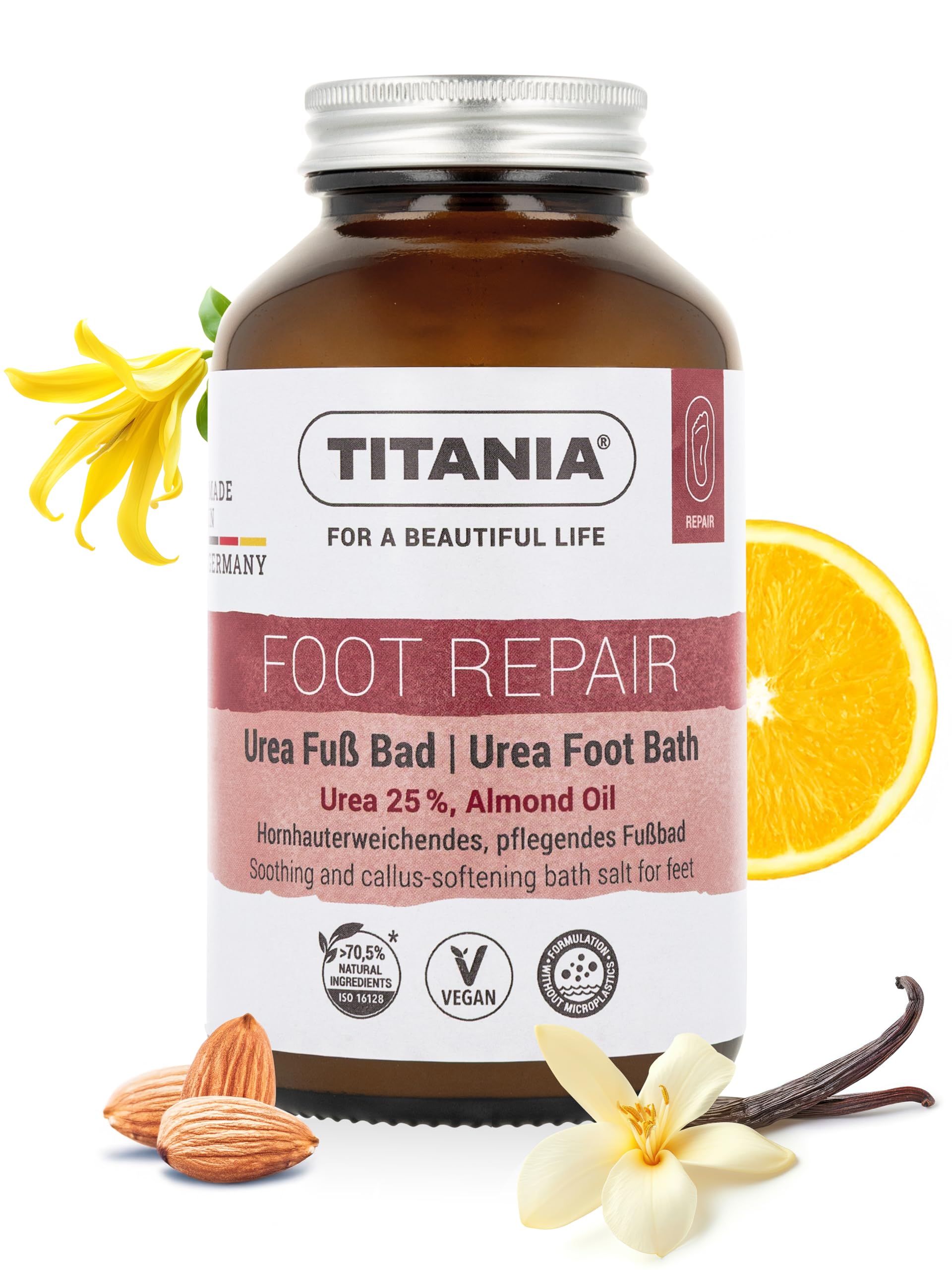 TITANIA Urea sale da pediluvio 270 g, ammorbidisce i calli e nutre i piedi asciutti, 25% urea e olio di mandorle, vegano, senza microplastica, dermatologicamente testato, Made in Germany