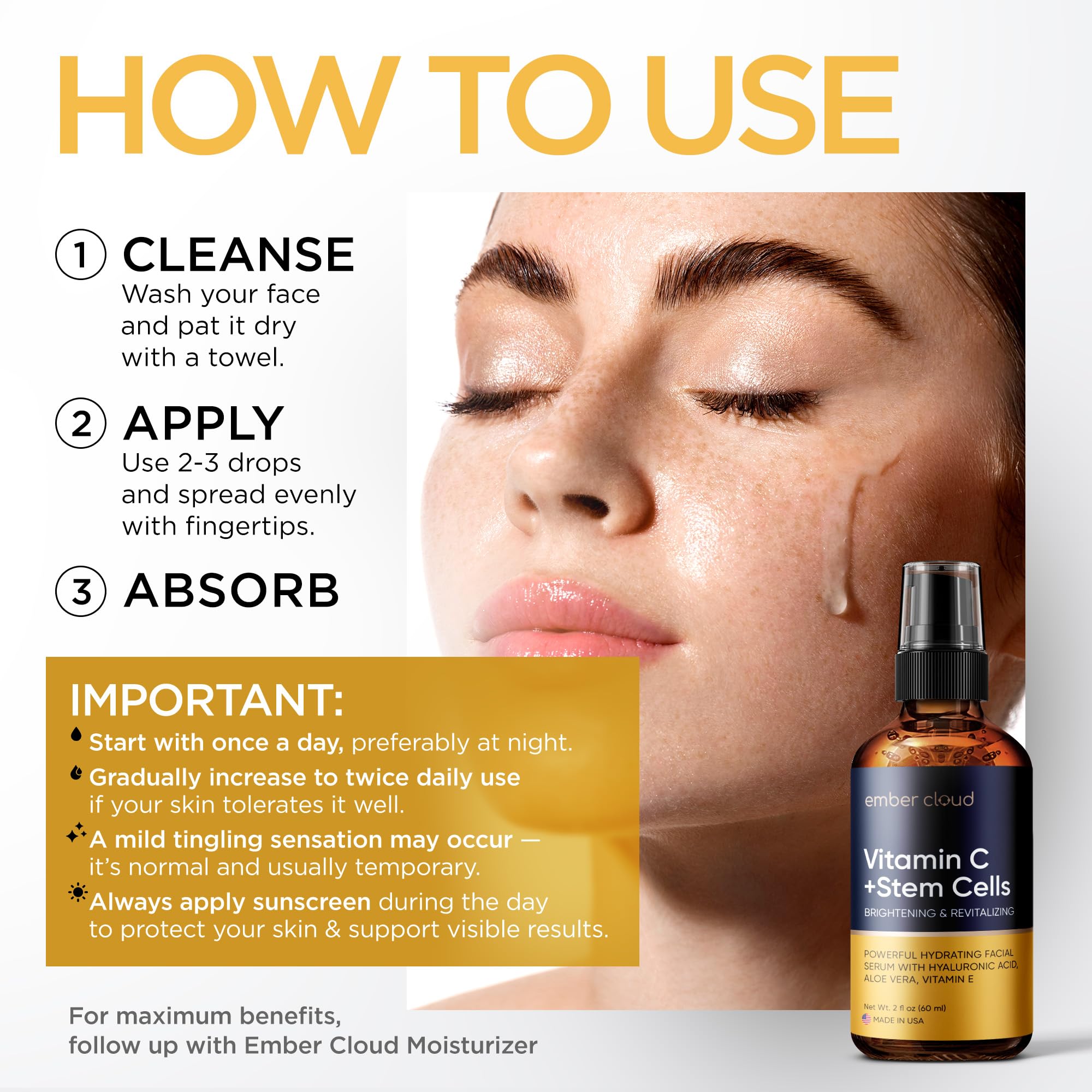 Siero alla vitamina C per viso e occhi (2 oz) con acido ialuronico, cellule staminali, vitamina E e aloe vera: favorisce la salute della pelle e unifica il tono.