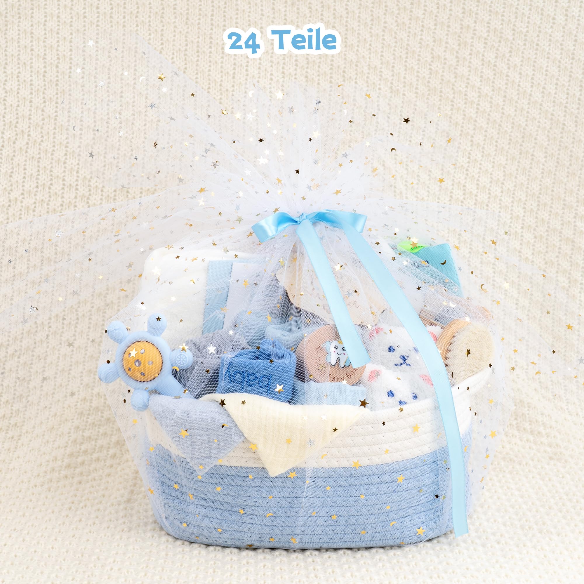 Neugeborenen Geschenk 24-teiliges，Baby zubehör, Strampler, Schnuffeltuch, Rassel & Karte，Geschenk zur Geburt für Babys (Blau)