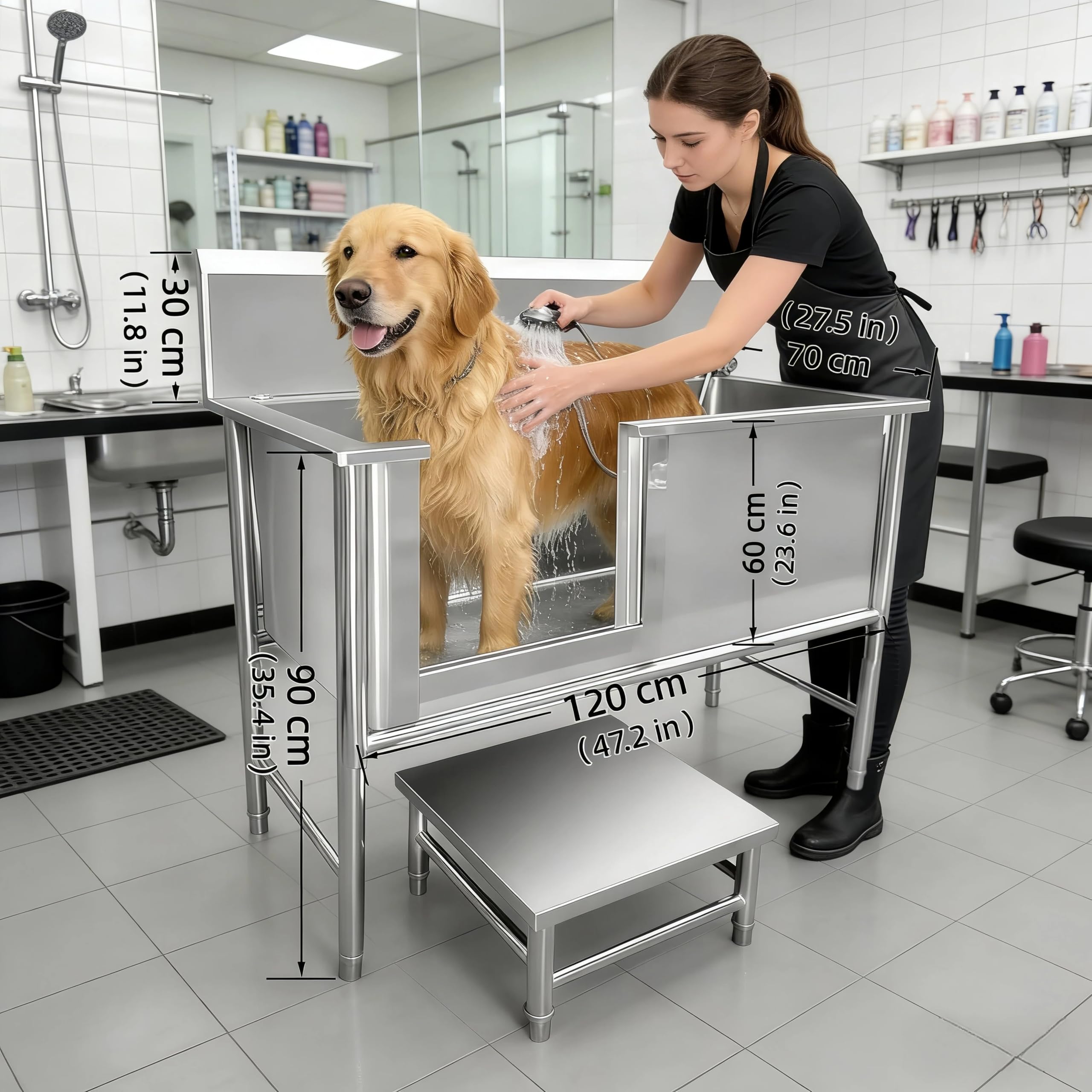 Vasca da Bagno per Cani in Acciaio Inox 304, Vasca Toelettatura Professionale con Pedana di accesso e Porta Scorrevole, Stazione Lavaggio Cani Antiscivolo con Miscelatore fino a 100 kg (47.24in)
